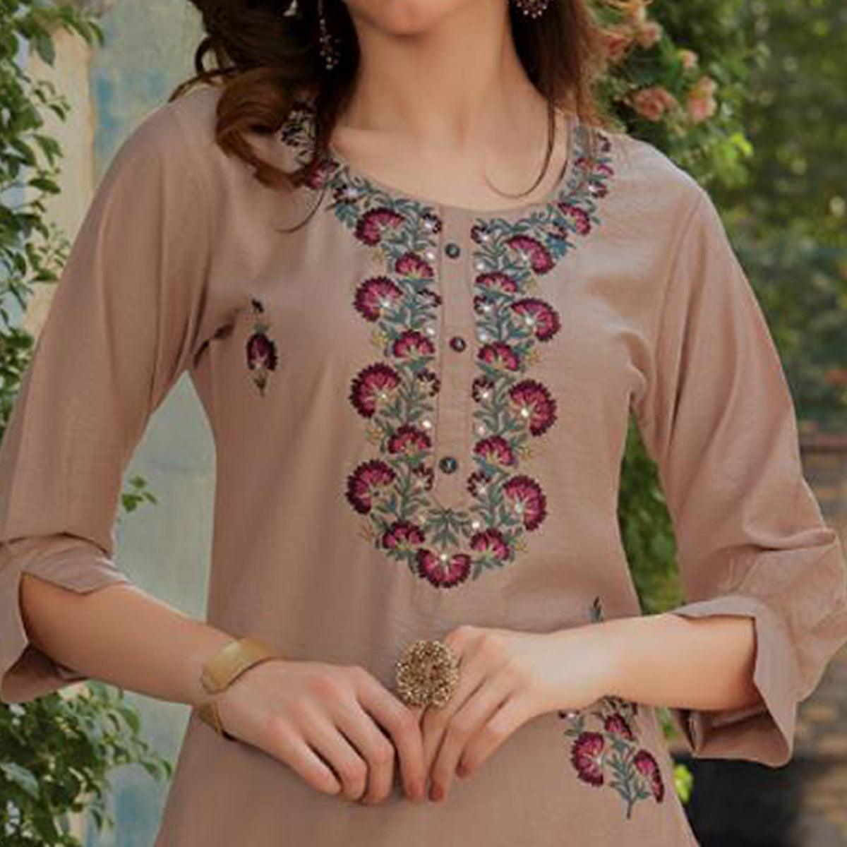 Mauve Embroidered Cotton Silk Kurti - Peachmode