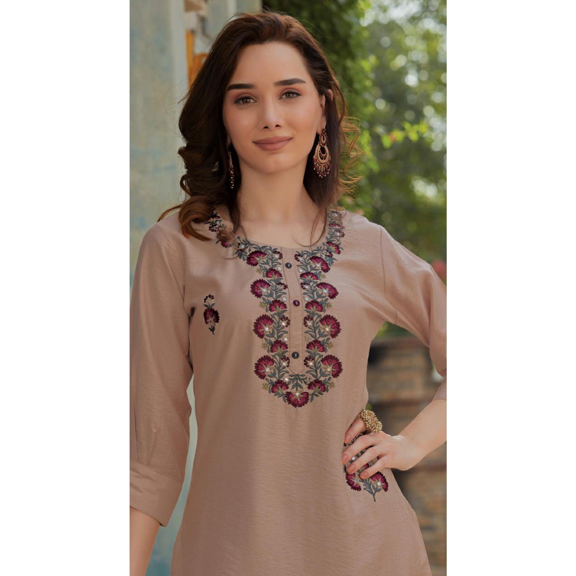 Mauve Embroidered Cotton Silk Kurti - Peachmode