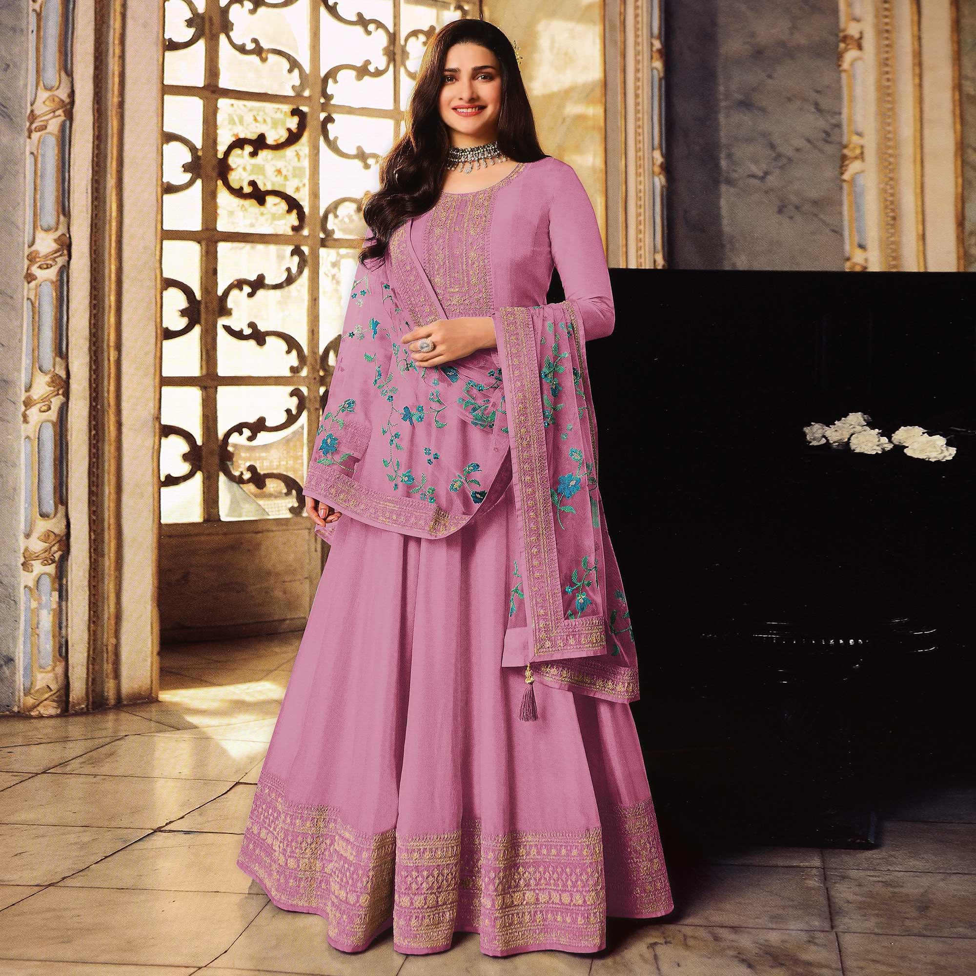 Mauve Embroidered Dola Silk Anarkali Suit - Peachmode