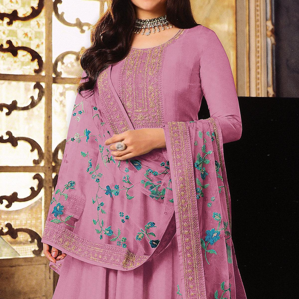 Mauve Embroidered Dola Silk Anarkali Suit - Peachmode