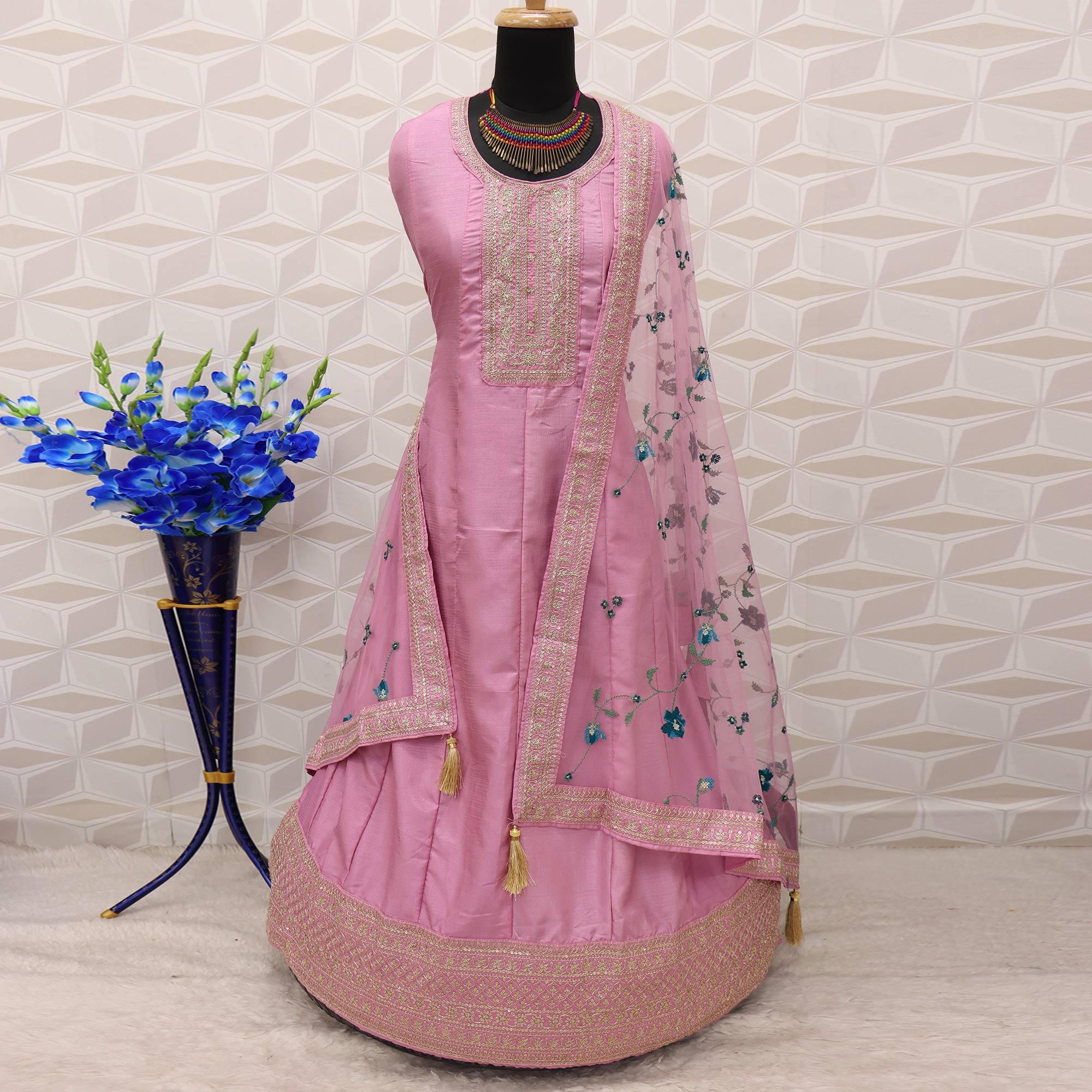 Mauve Embroidered Dola Silk Anarkali Suit - Peachmode