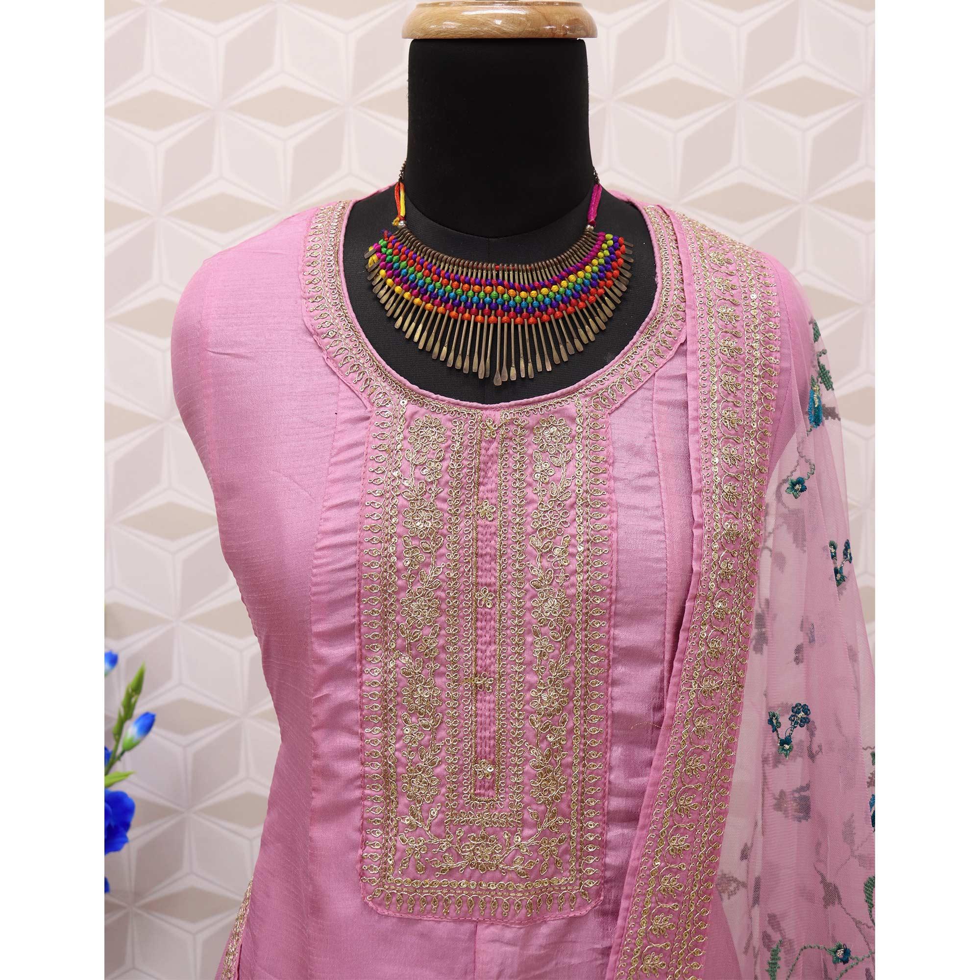 Mauve Embroidered Dola Silk Anarkali Suit - Peachmode