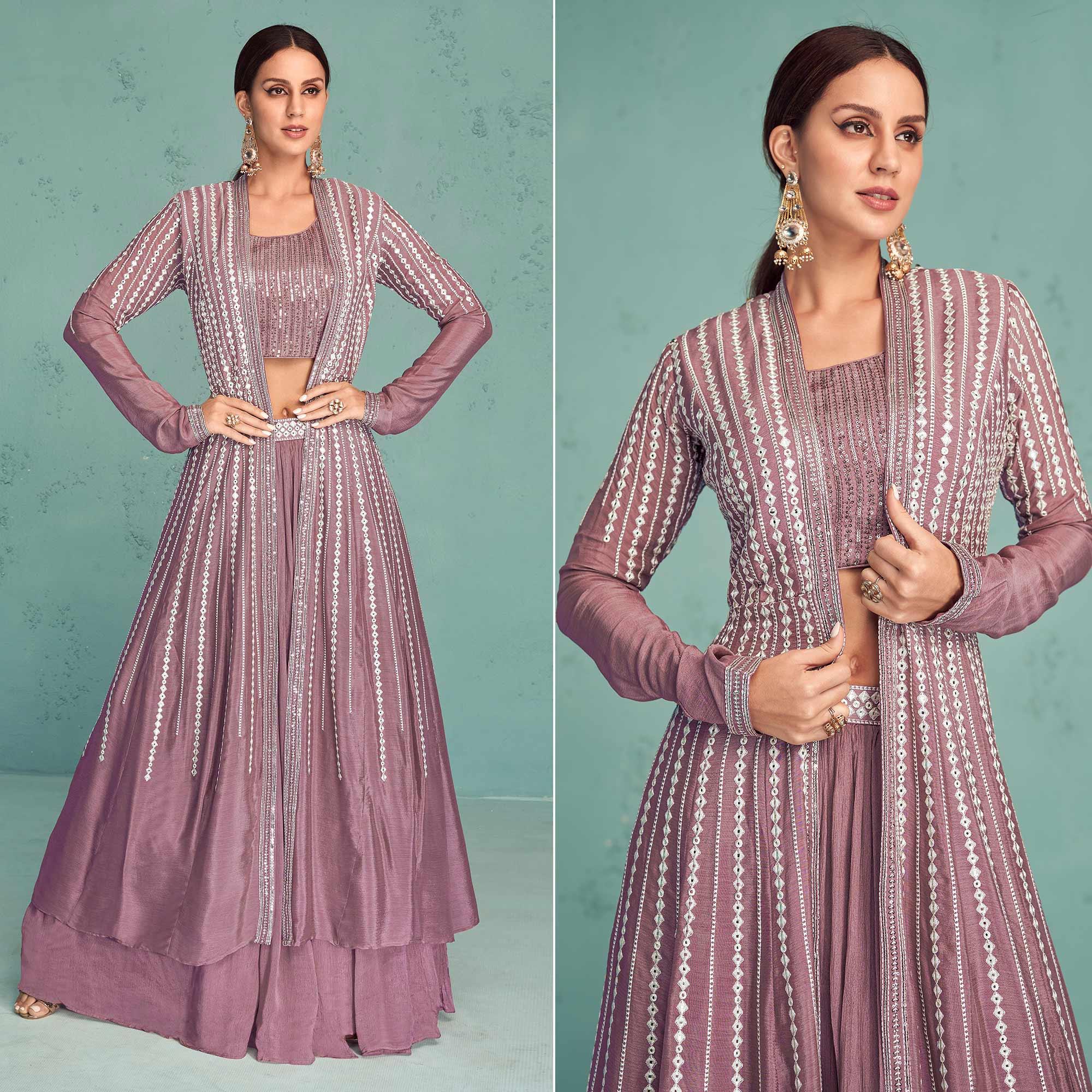 Mauve Embroidered Georgette Lehenga Choli With Jacket - Peachmode