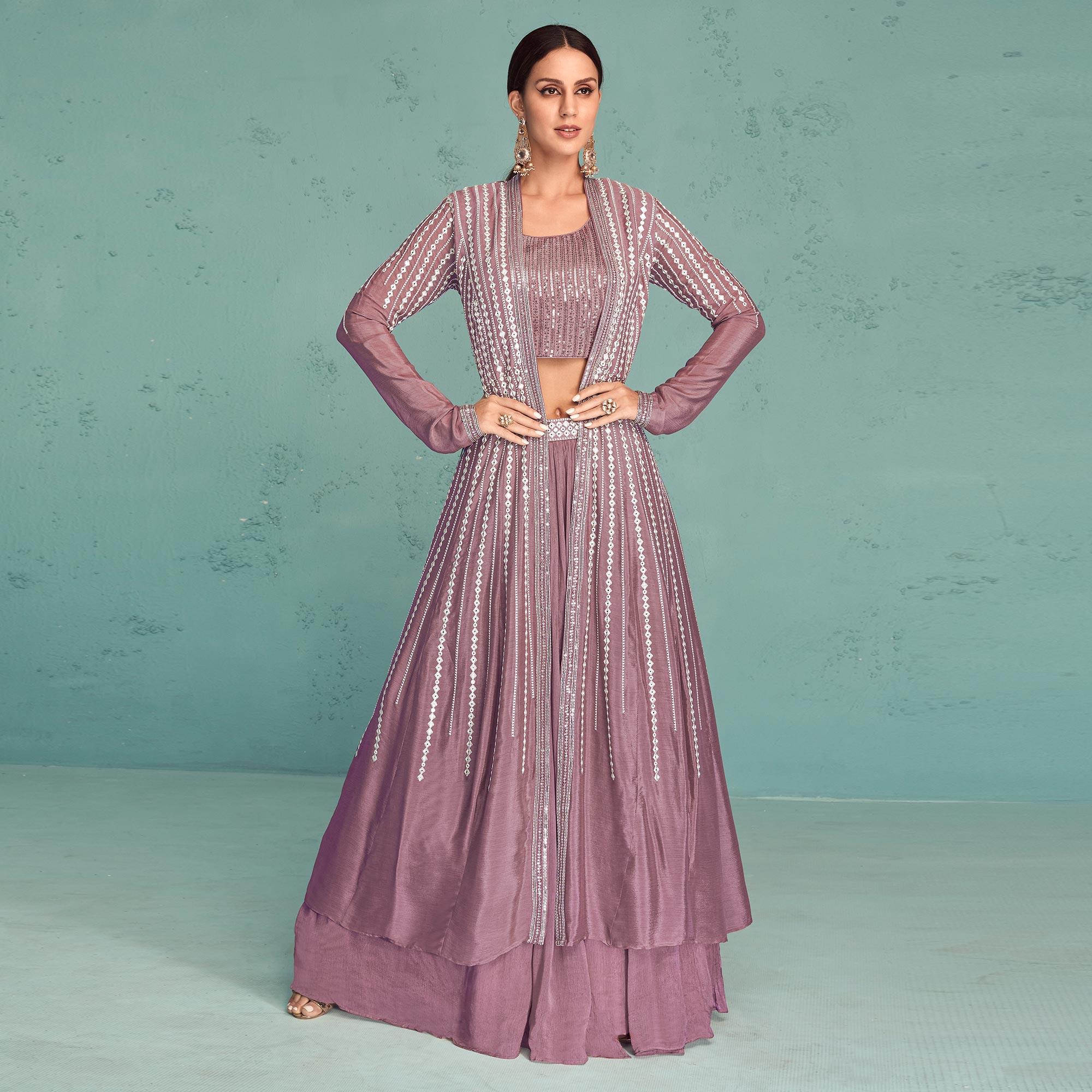 Mauve Embroidered Georgette Lehenga Choli With Jacket - Peachmode