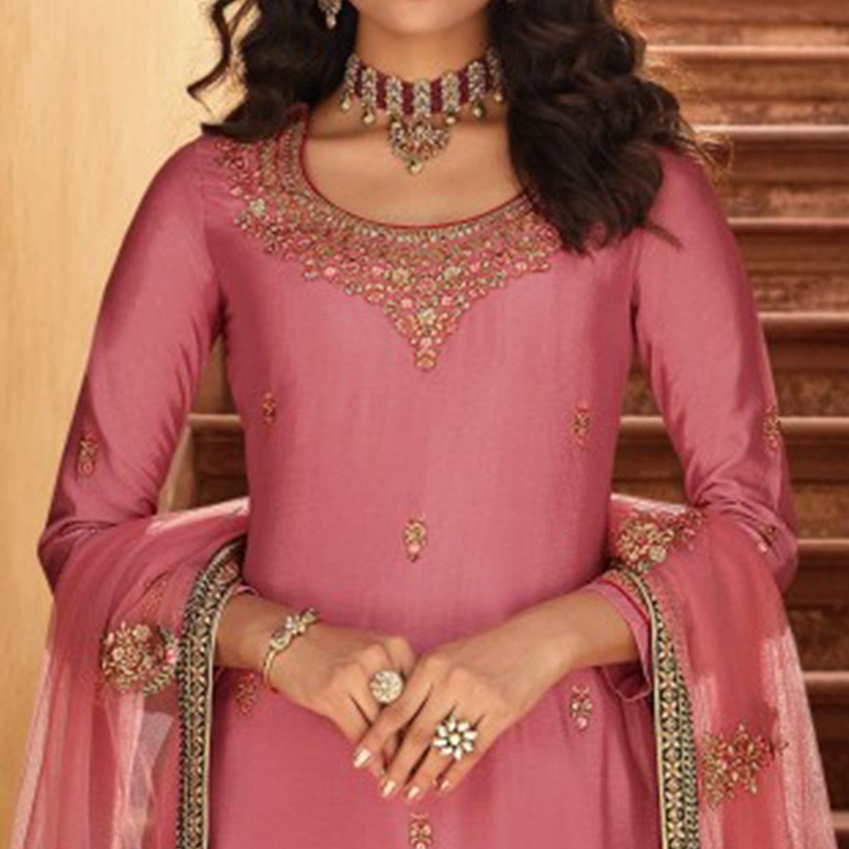 Mauve Embroidered Georgette Lehenga Kameez - Peachmode