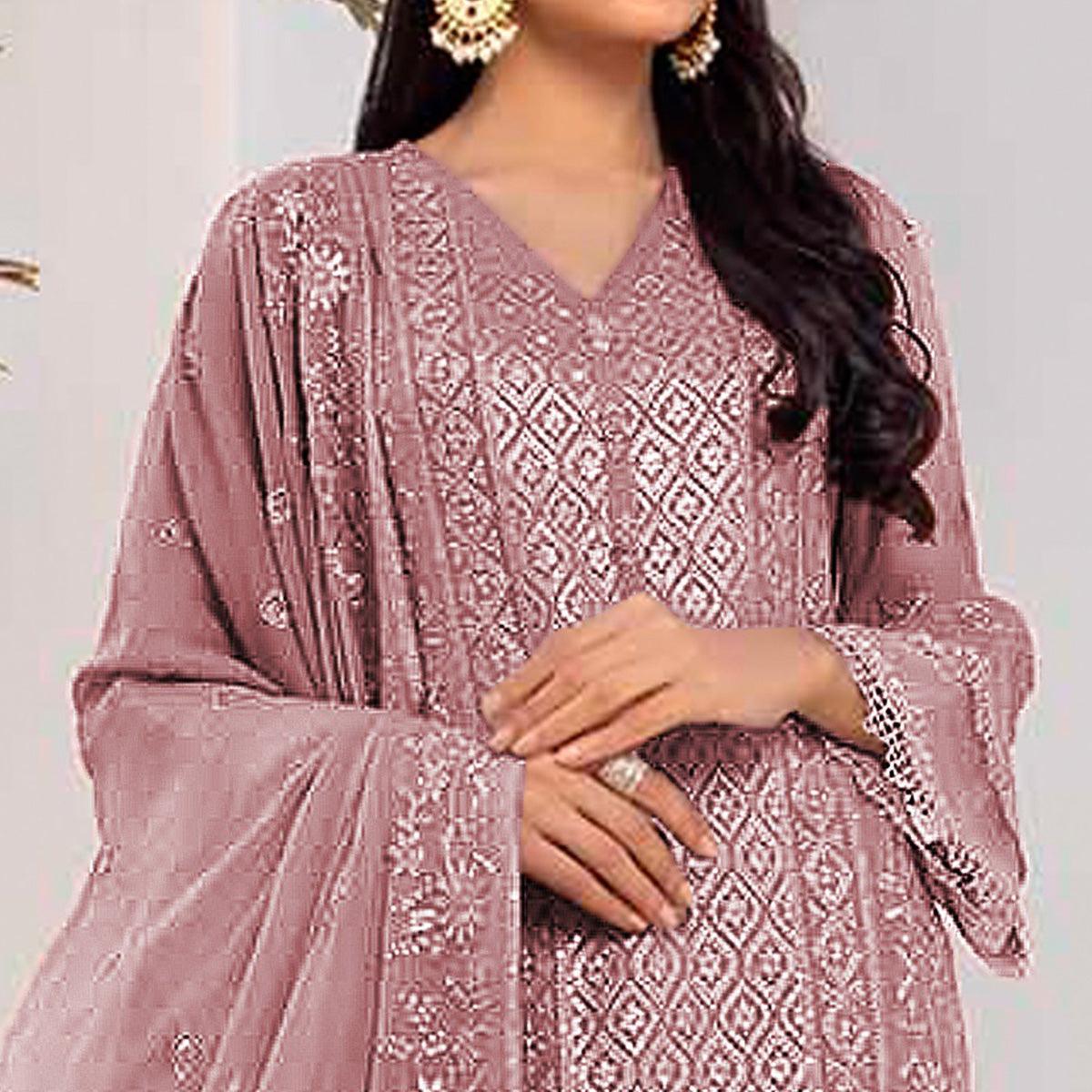Mauve Embroidered Georgette Pakistani Suit - Peachmode