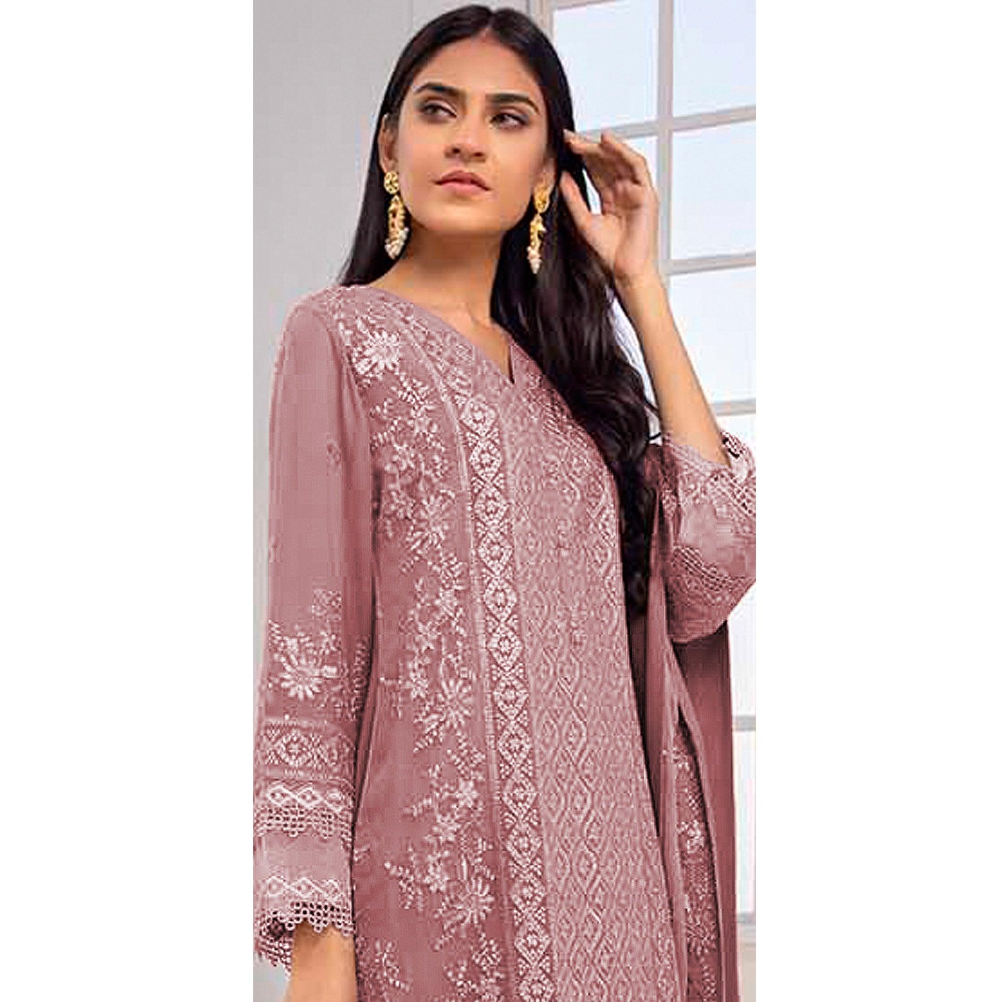 Mauve Embroidered Georgette Pakistani Suit - Peachmode