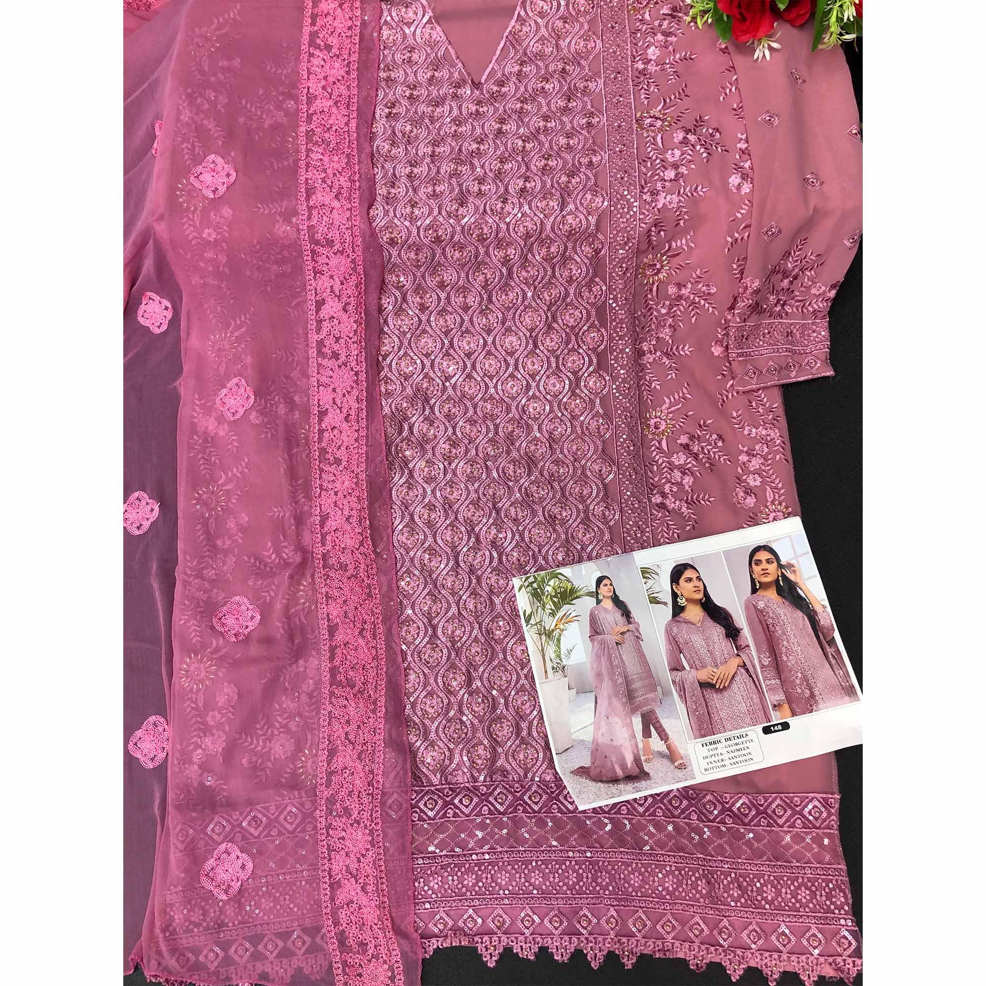 Mauve Embroidered Georgette Pakistani Suit - Peachmode