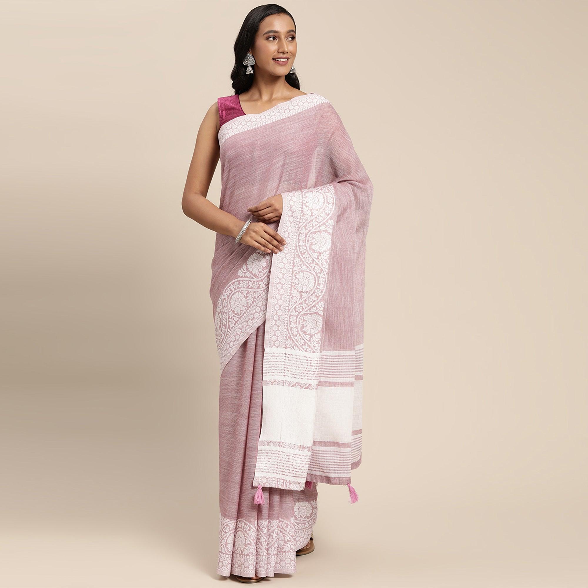 Mauve Embroidered Linen Saree with Tassels - Peachmode