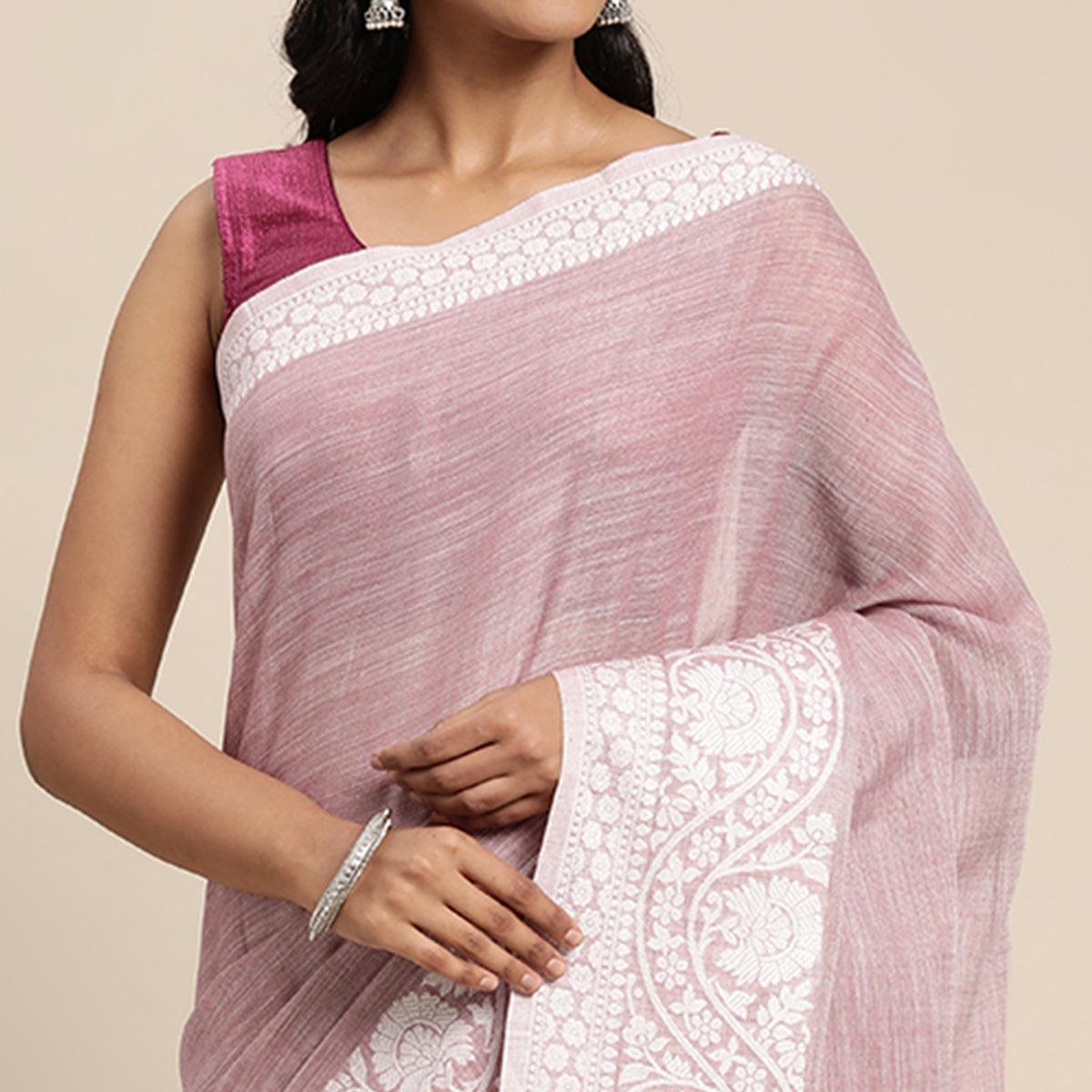 Mauve Embroidered Linen Saree with Tassels - Peachmode