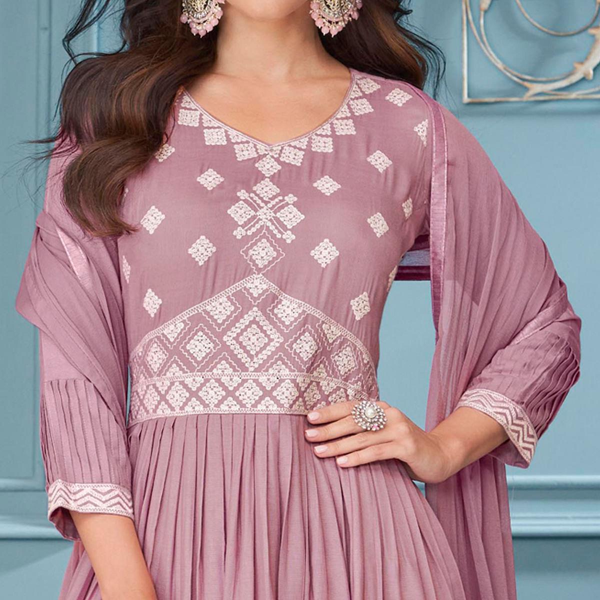 Mauve Embroidered Rayon Sharara Suit - Peachmode