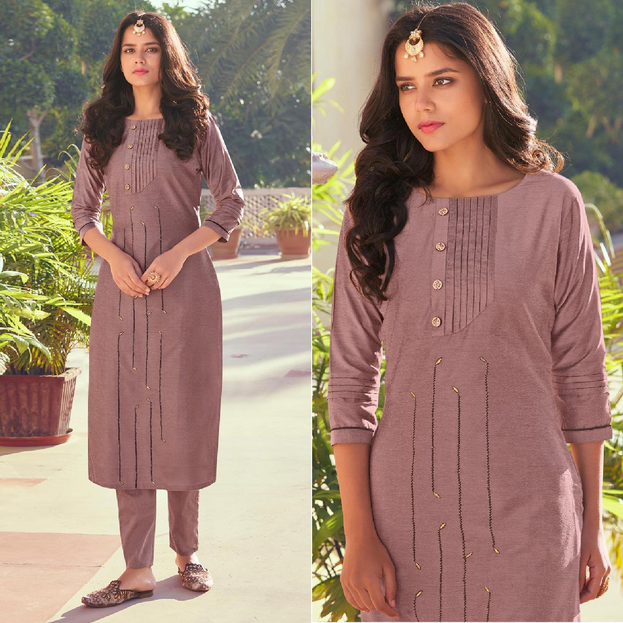 Mauve Embroidered Viscose Kurti Pant Set - Peachmode