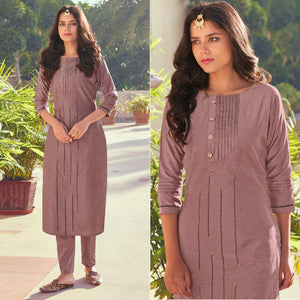 Mauve Embroidered Viscose Kurti Pant Set - Peachmode