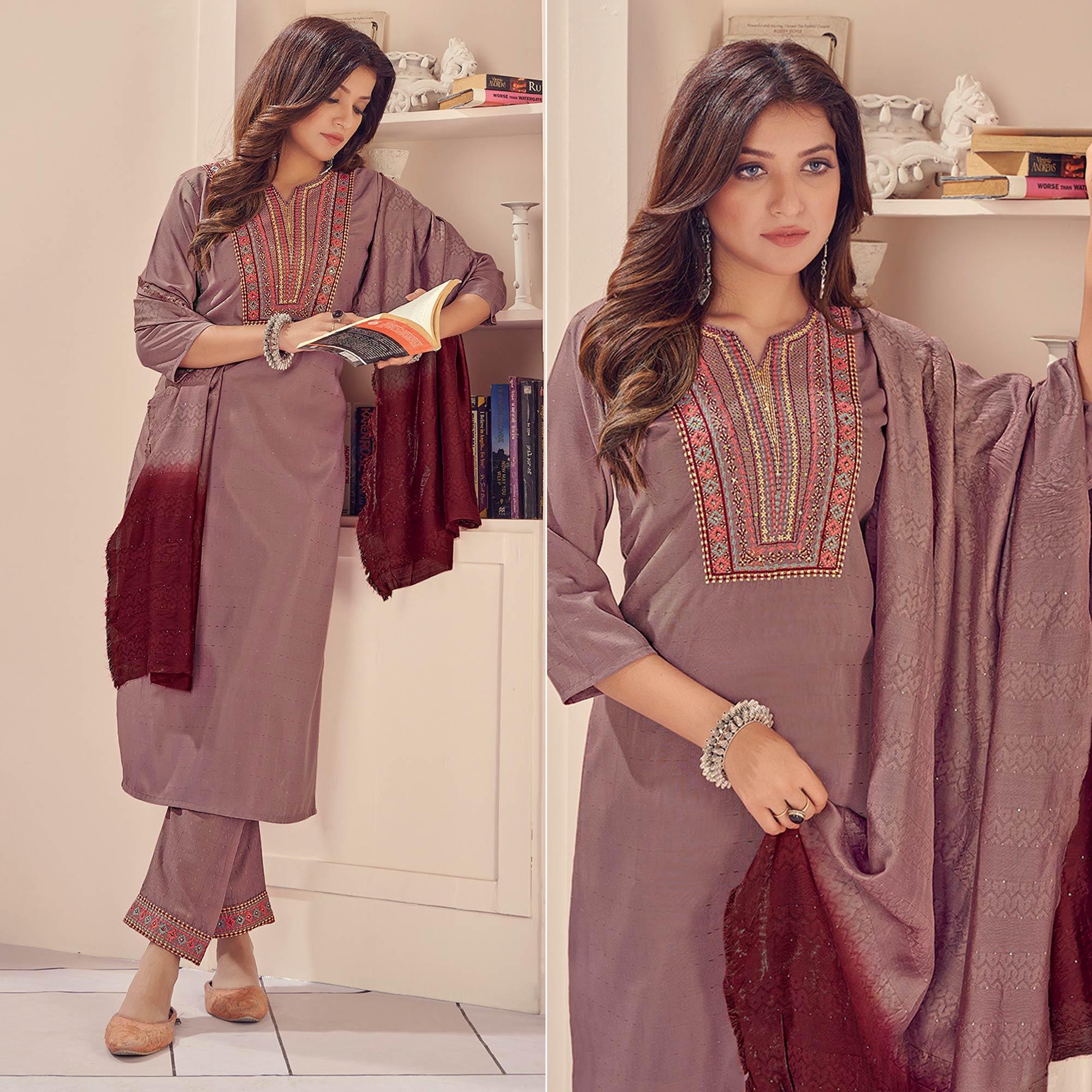 Mauve Embroidered With Embellished Chiffon Kurti Pant Set With Dupatta - Peachmode