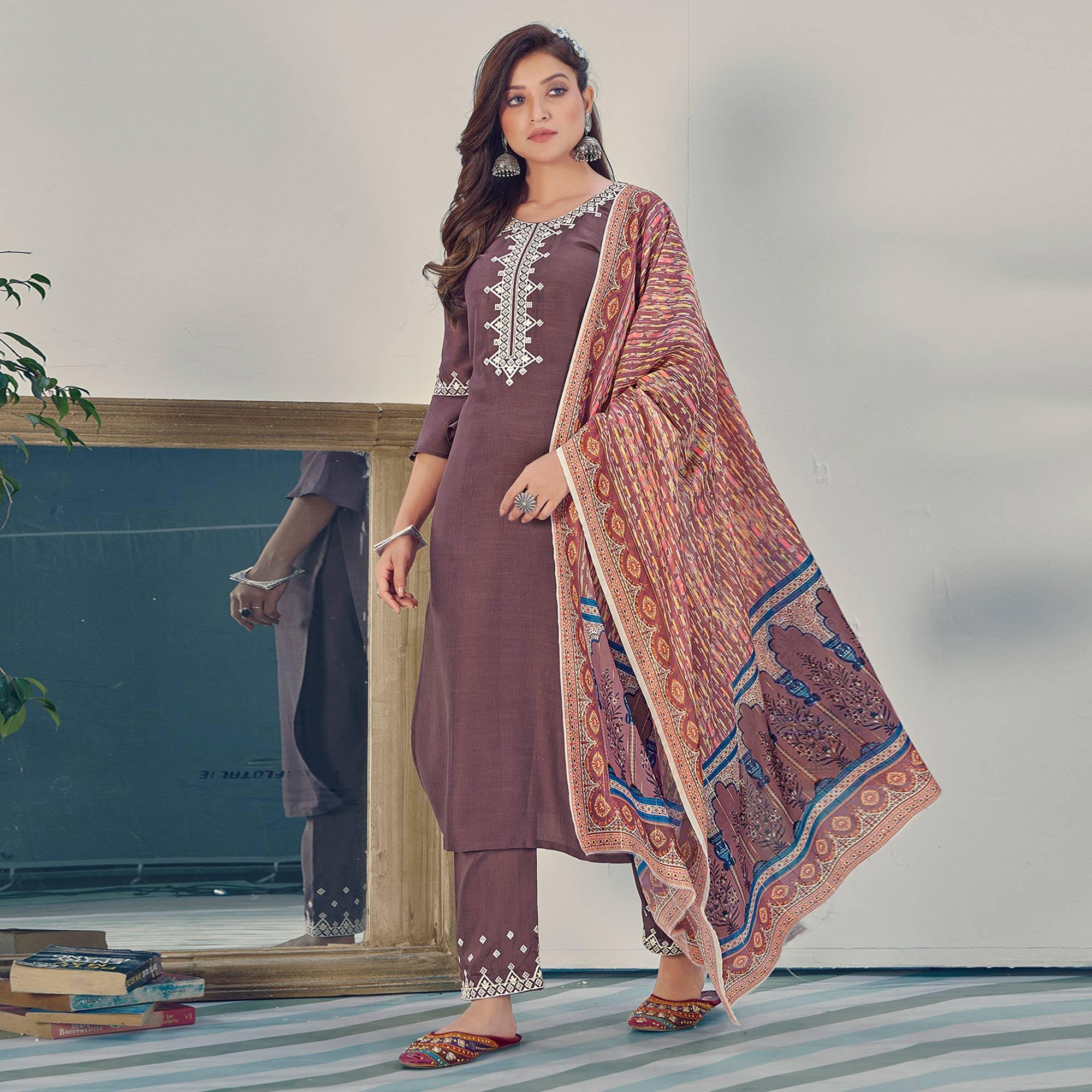 Mauve Embroidered With Embellished Chiffon Kurti Pant Set With Dupatta - Peachmode