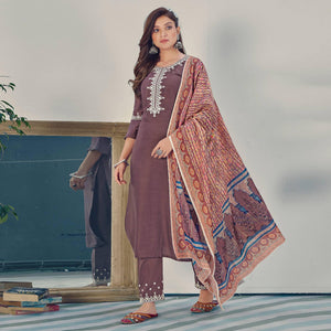Mauve Embroidered With Embellished Chiffon Kurti Pant Set With Dupatta - Peachmode