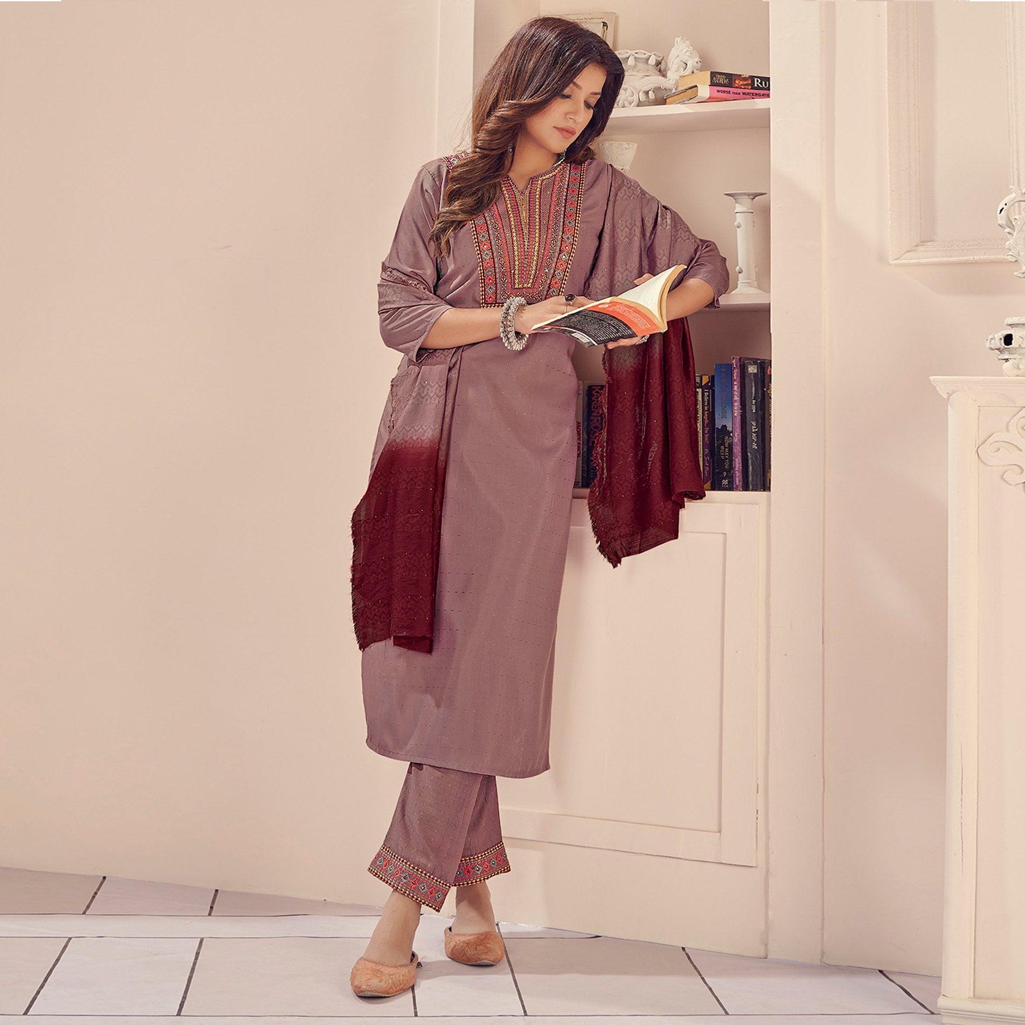 Mauve Embroidered With Embellished Chiffon Kurti Pant Set With Dupatta - Peachmode