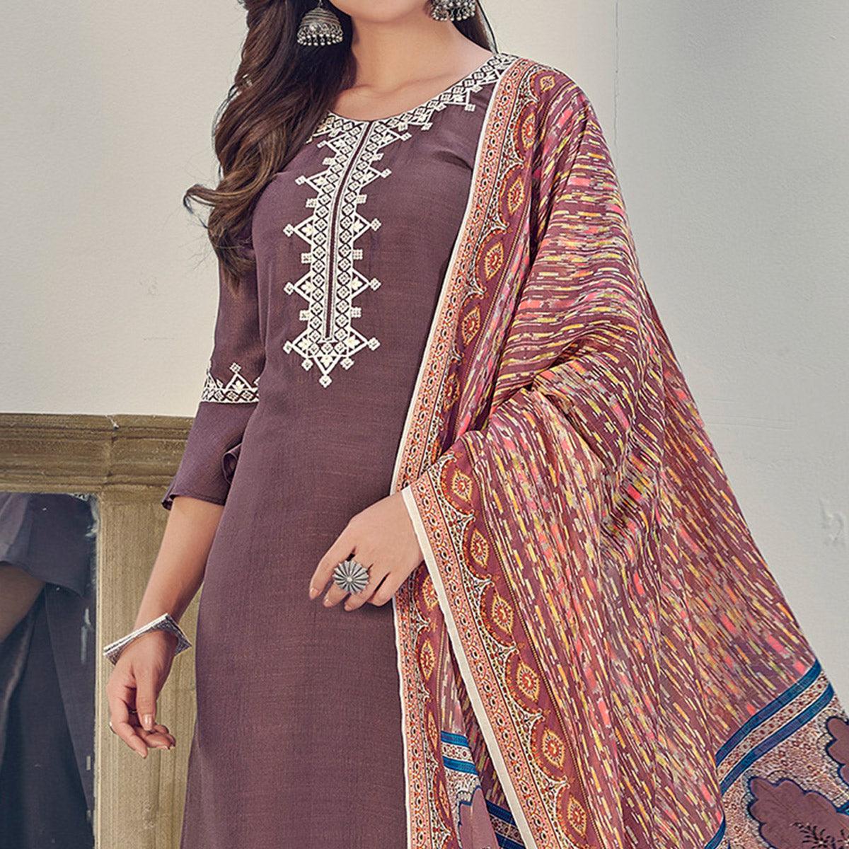 Mauve Embroidered With Embellished Chiffon Kurti Pant Set With Dupatta - Peachmode