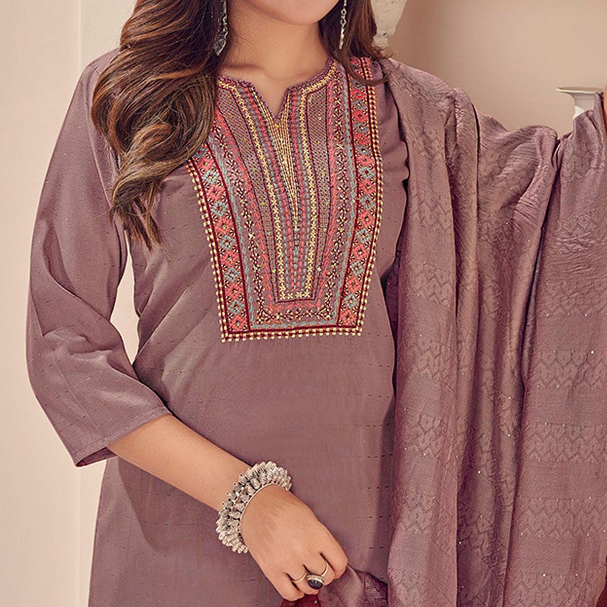 Mauve Embroidered With Embellished Chiffon Kurti Pant Set With Dupatta - Peachmode