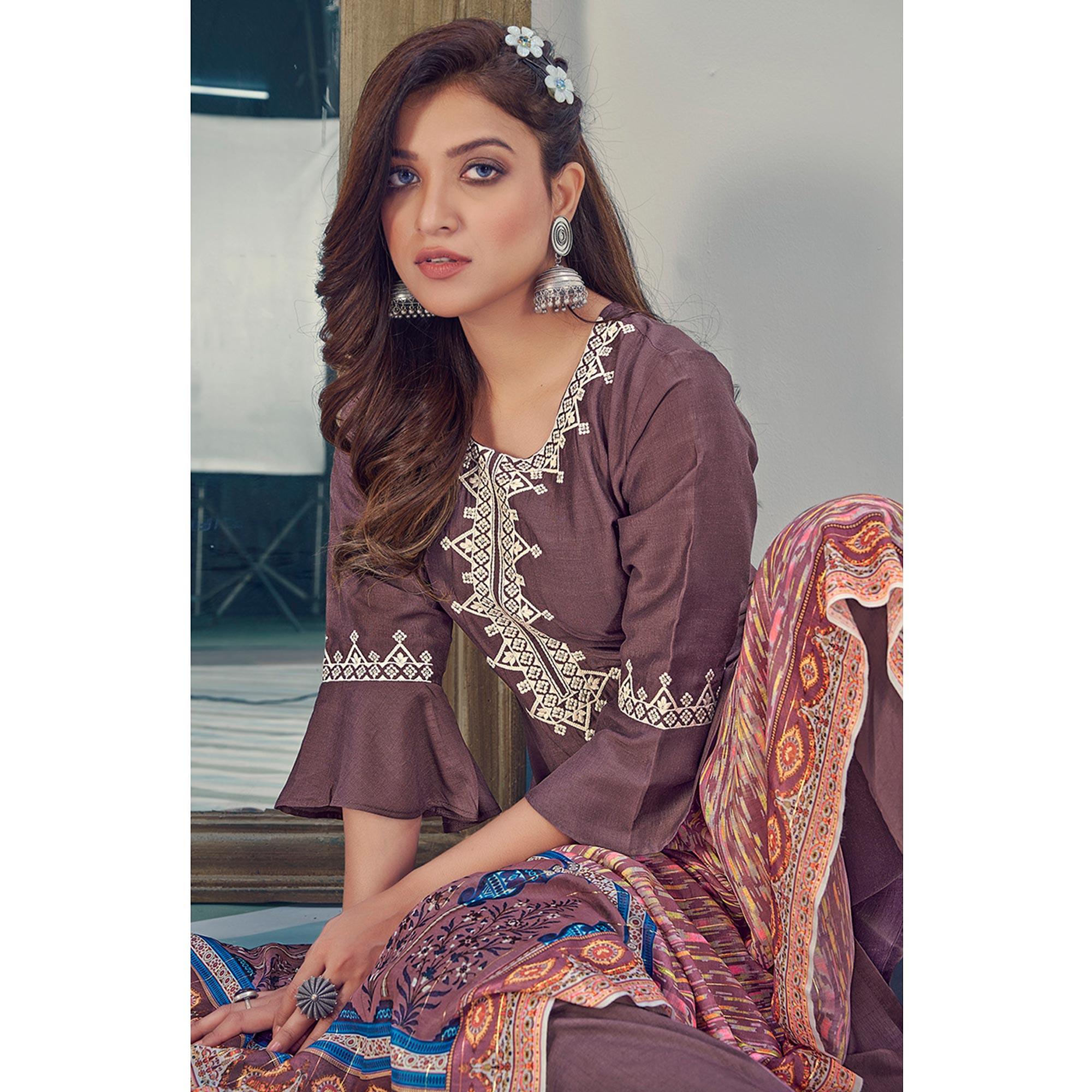 Mauve Embroidered With Embellished Chiffon Kurti Pant Set With Dupatta - Peachmode