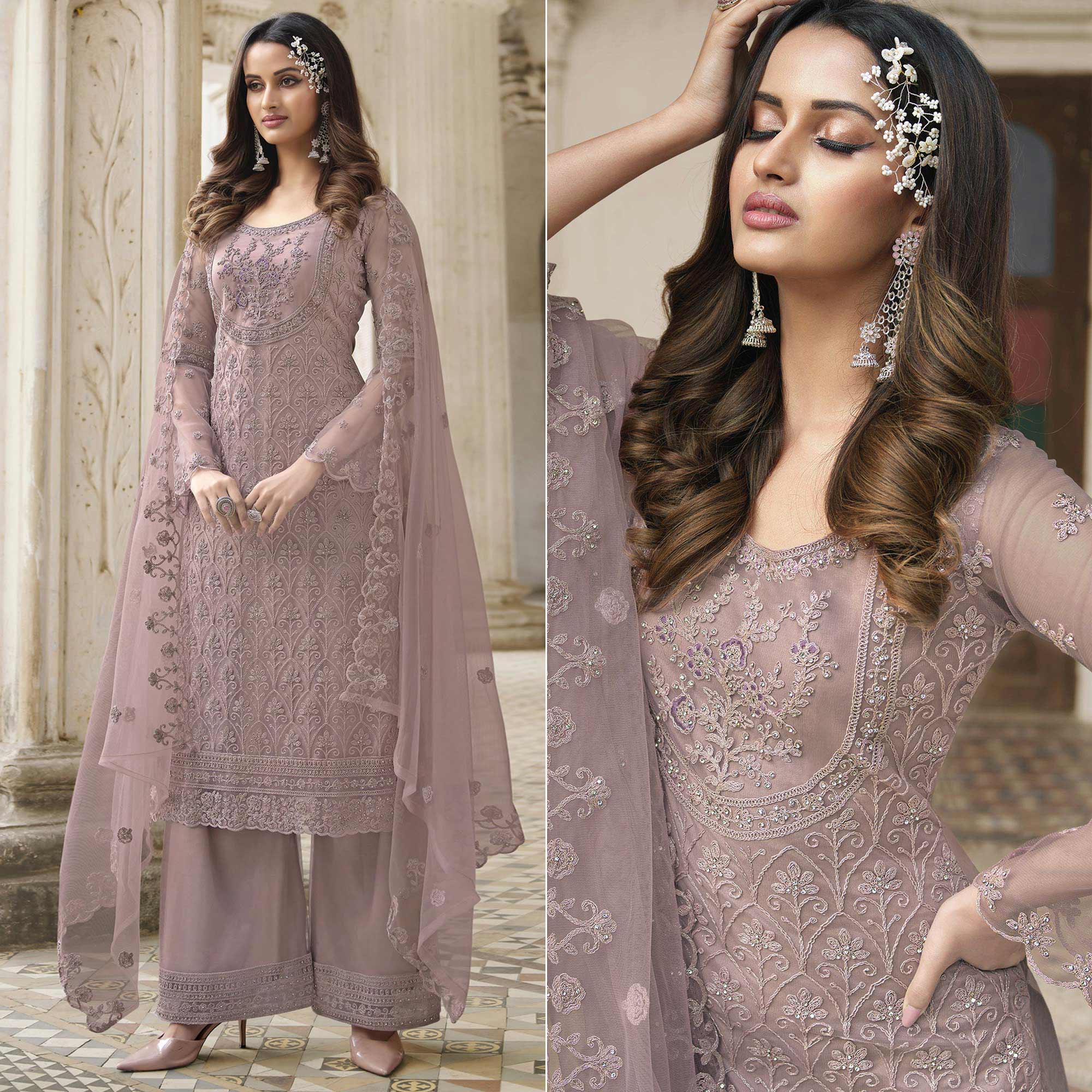 Mauve Embroidered With Embellished Net Palazzo Suit - Peachmode