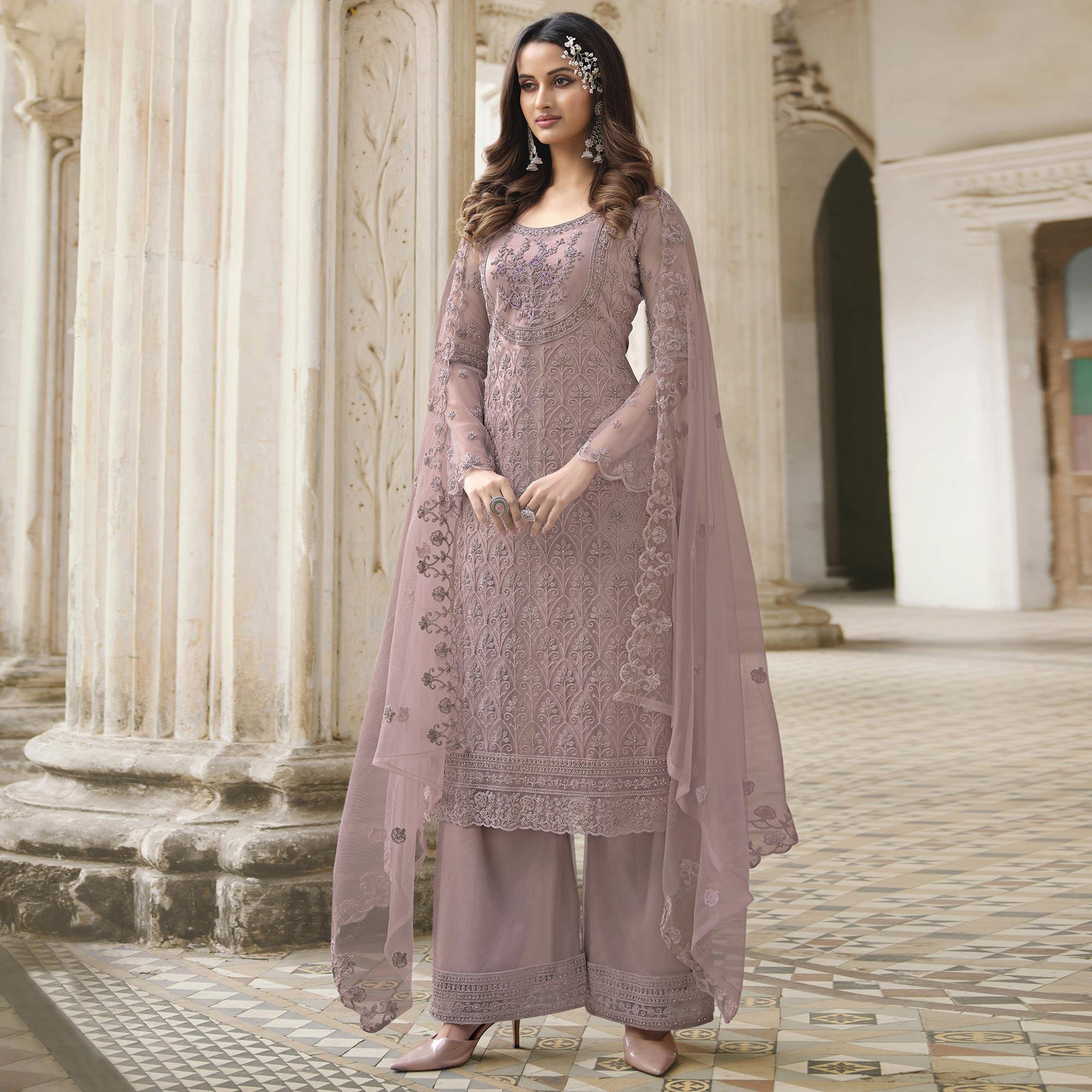 Mauve Embroidered With Embellished Net Palazzo Suit - Peachmode