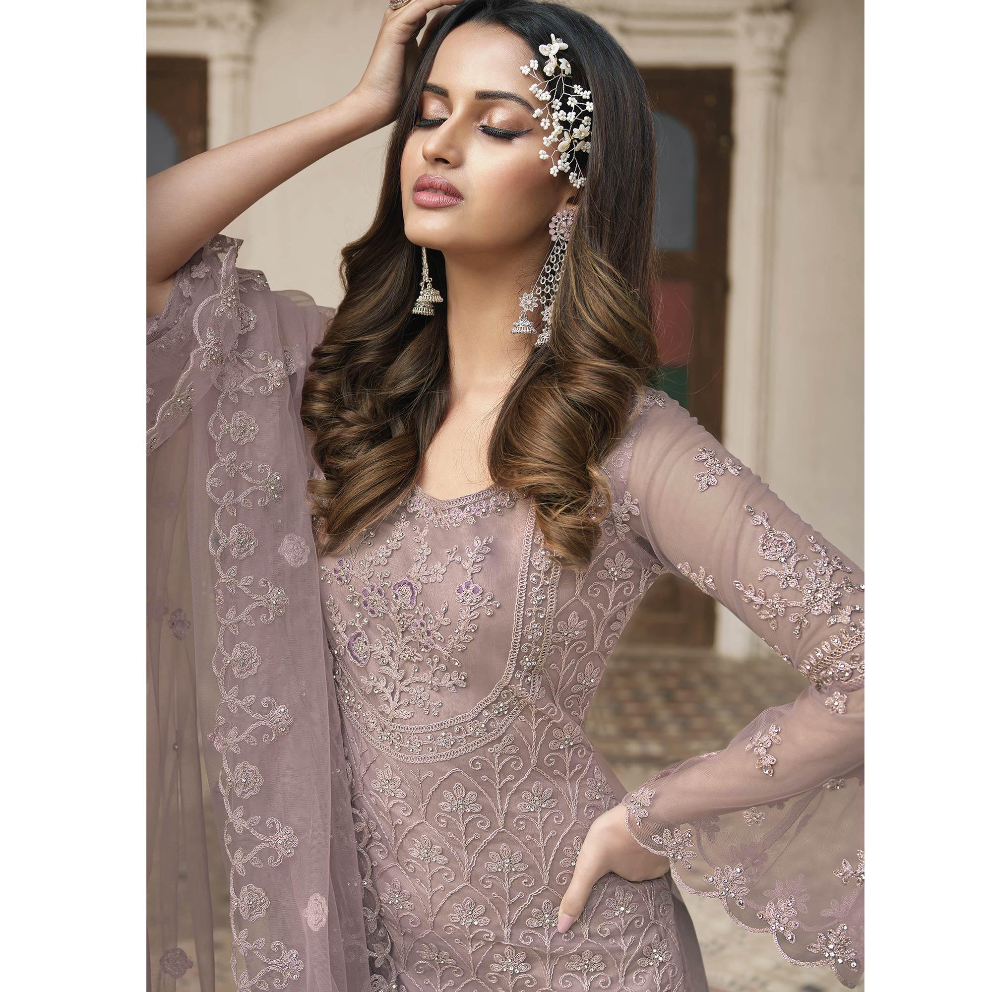 Mauve Embroidered With Embellished Net Palazzo Suit - Peachmode