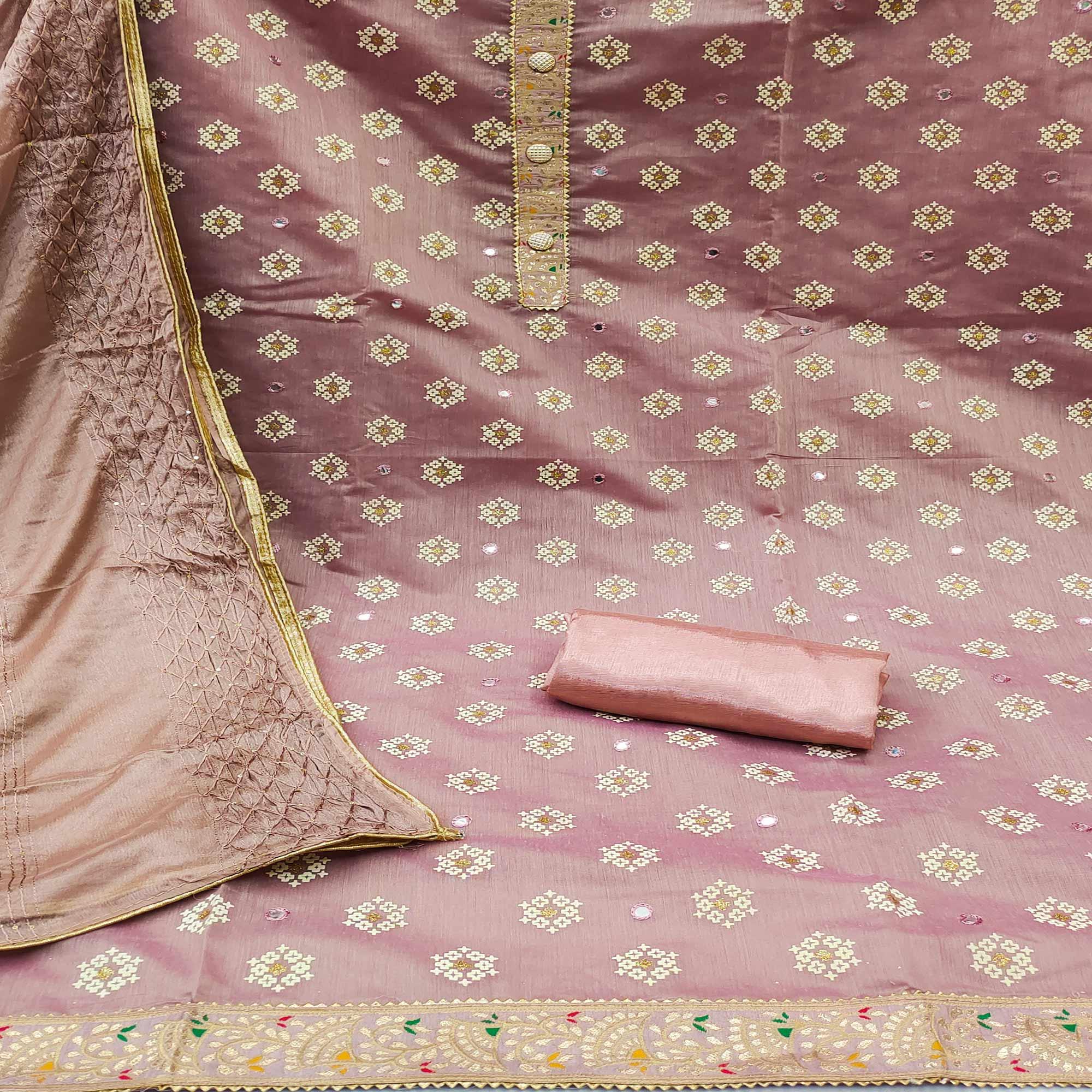 Mauve Embroidered With Mirror Work Chanderi Dress Material - Peachmode