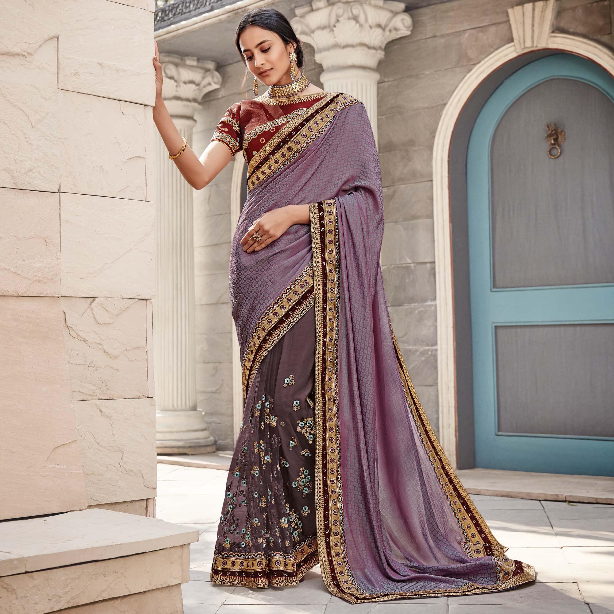 Mauve Festive Wear Embroidered Art Silk Saree - Peachmode