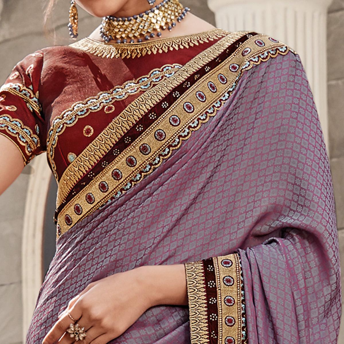 Mauve Festive Wear Embroidered Art Silk Saree - Peachmode