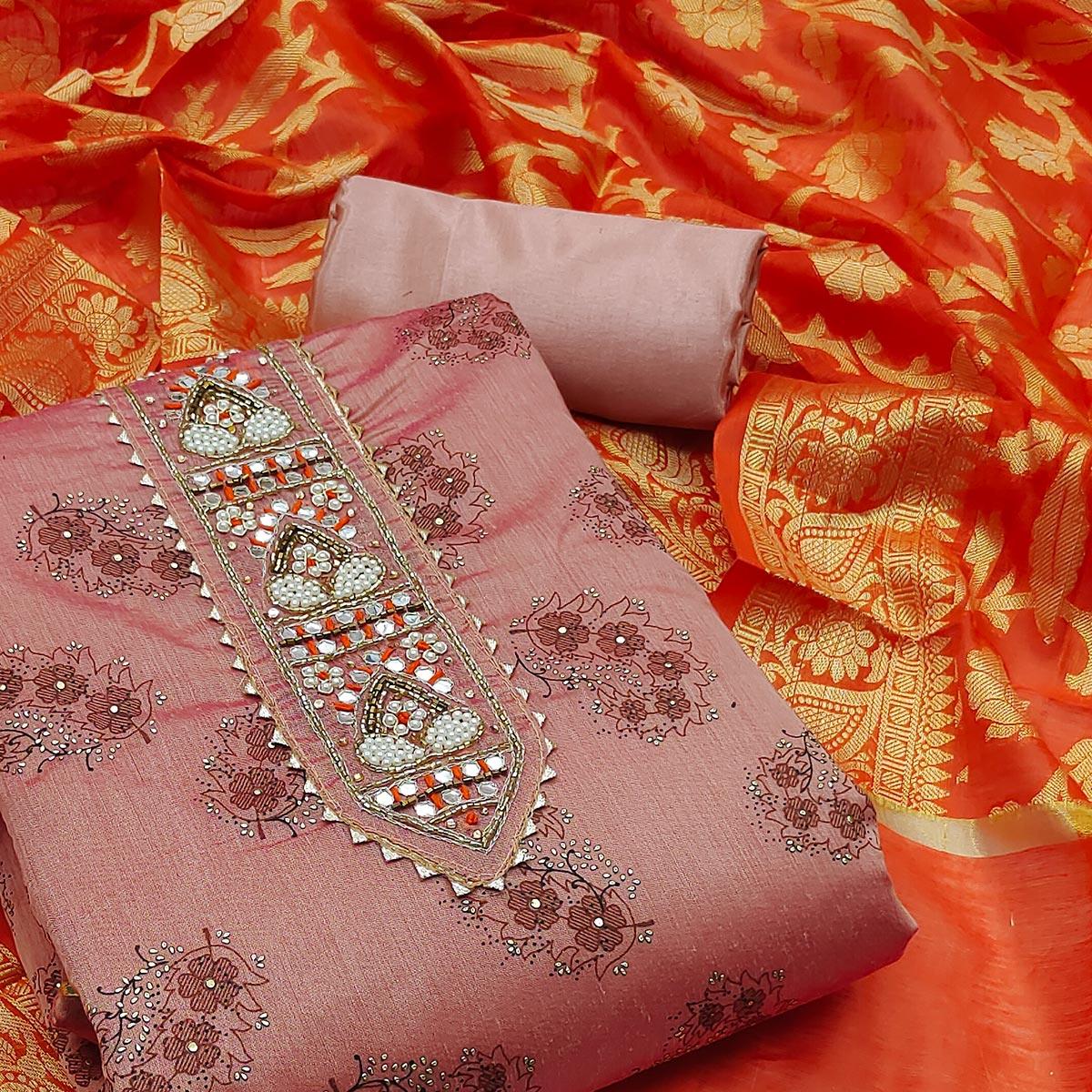 Mauve Festive Wear Embroidered Floral Printed Chanderi Dress Material - Peachmode