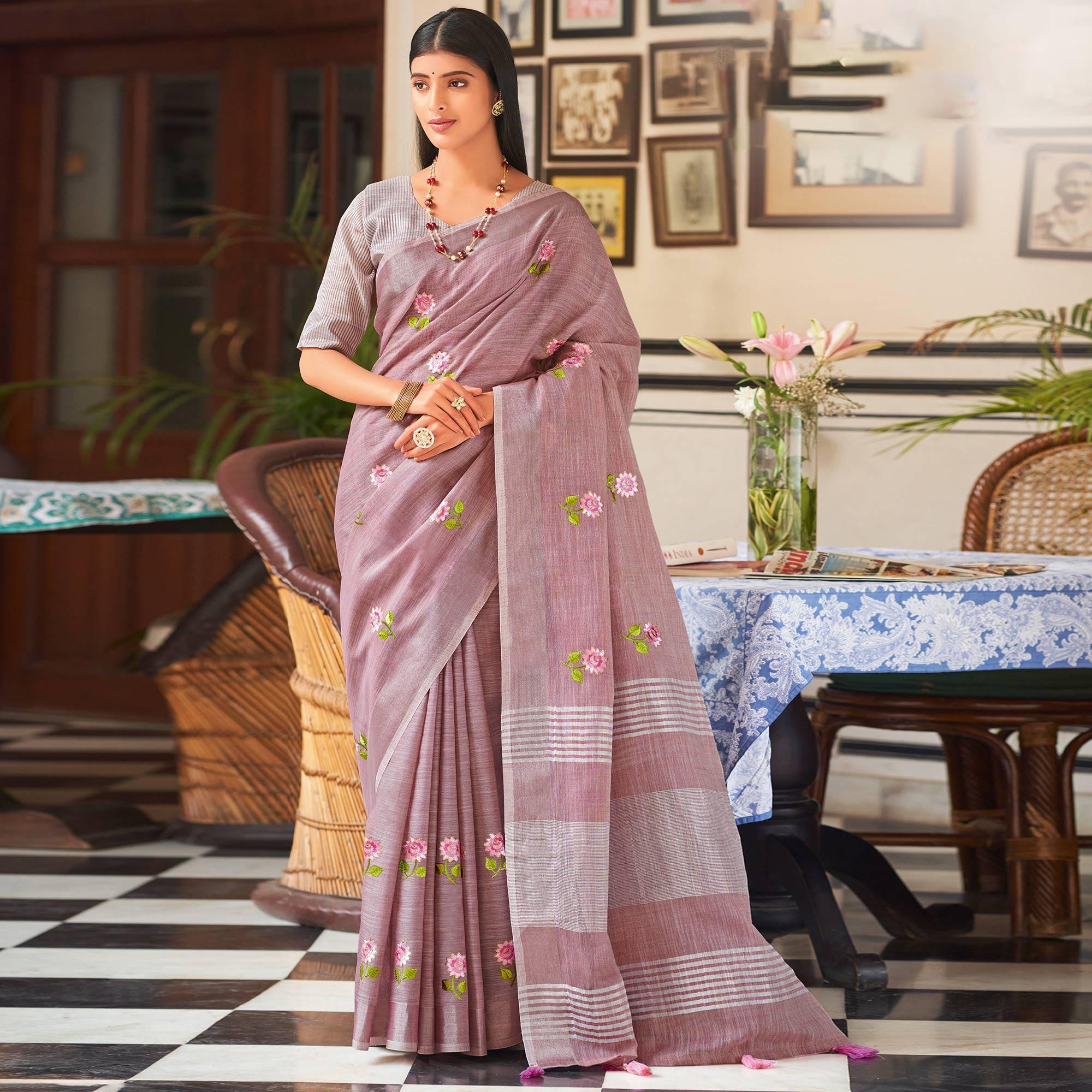 Mauve Festive Wear Embroidered Linen Saree - Peachmode