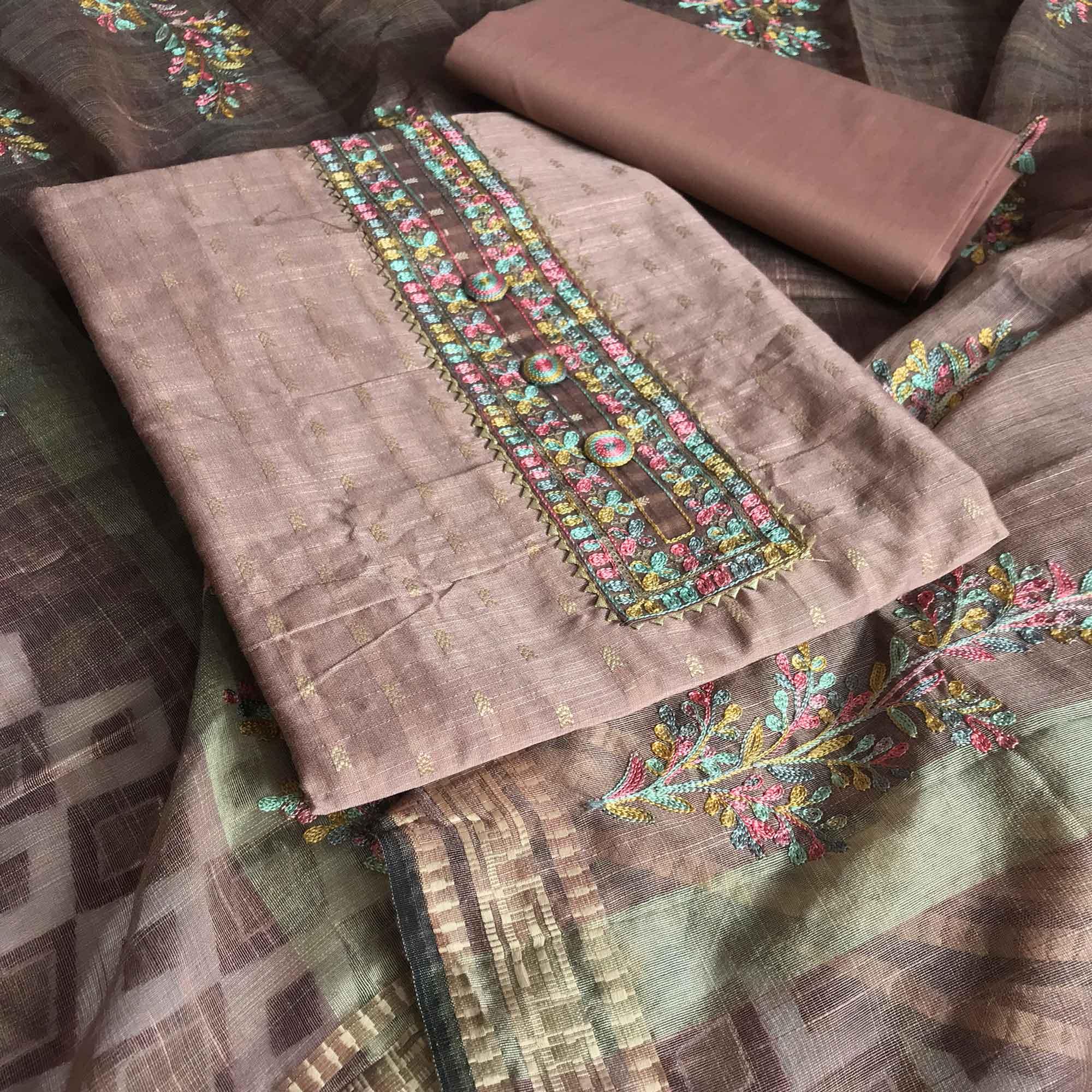 Mauve Festive Wear Embroidered Silk Cotton Dress Material - Peachmode