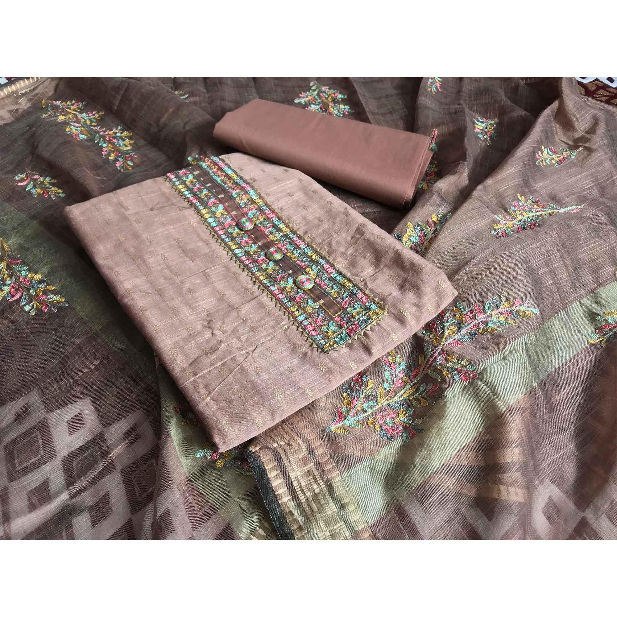 Mauve Festive Wear Embroidered Silk Cotton Dress Material - Peachmode