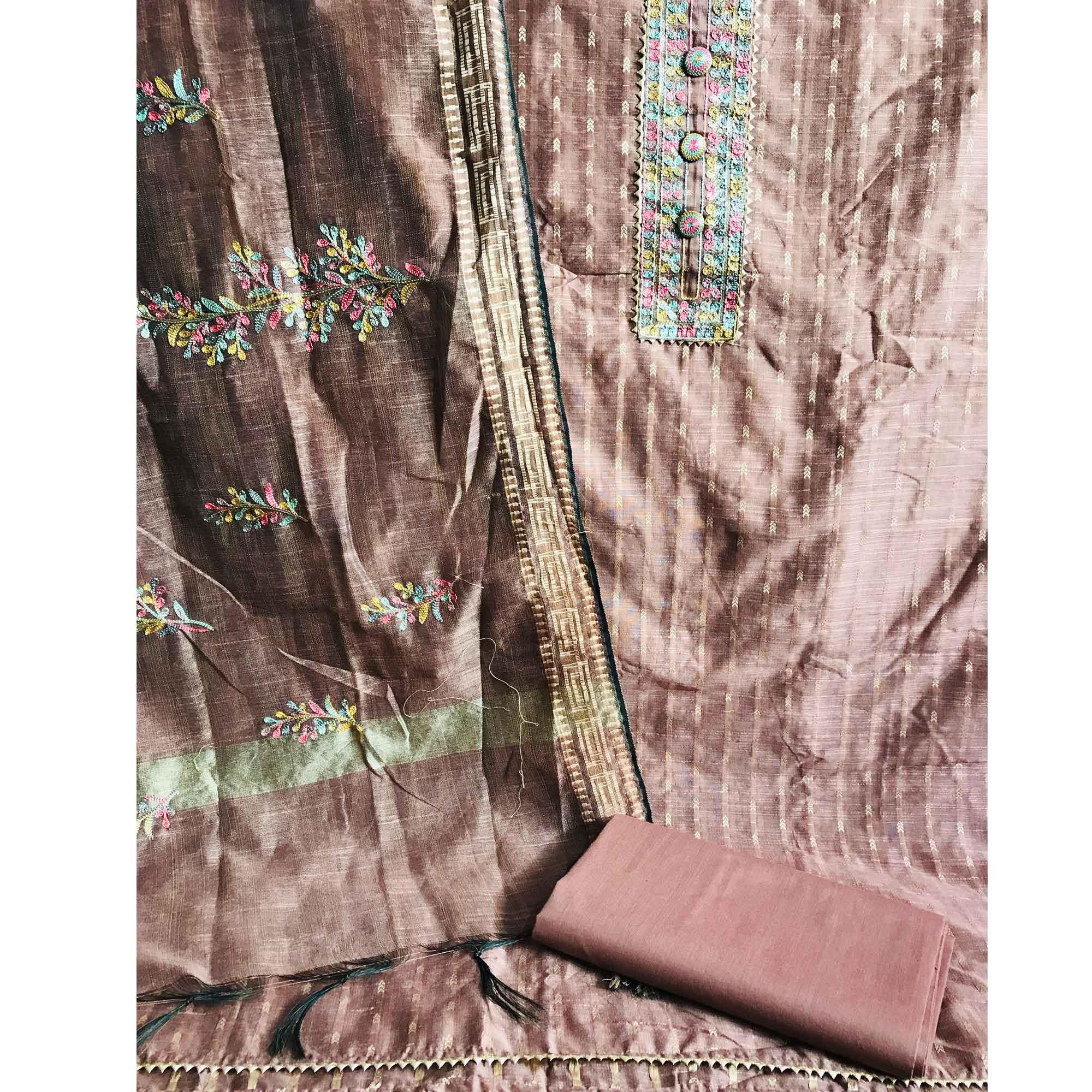 Mauve Festive Wear Embroidered Silk Cotton Dress Material - Peachmode