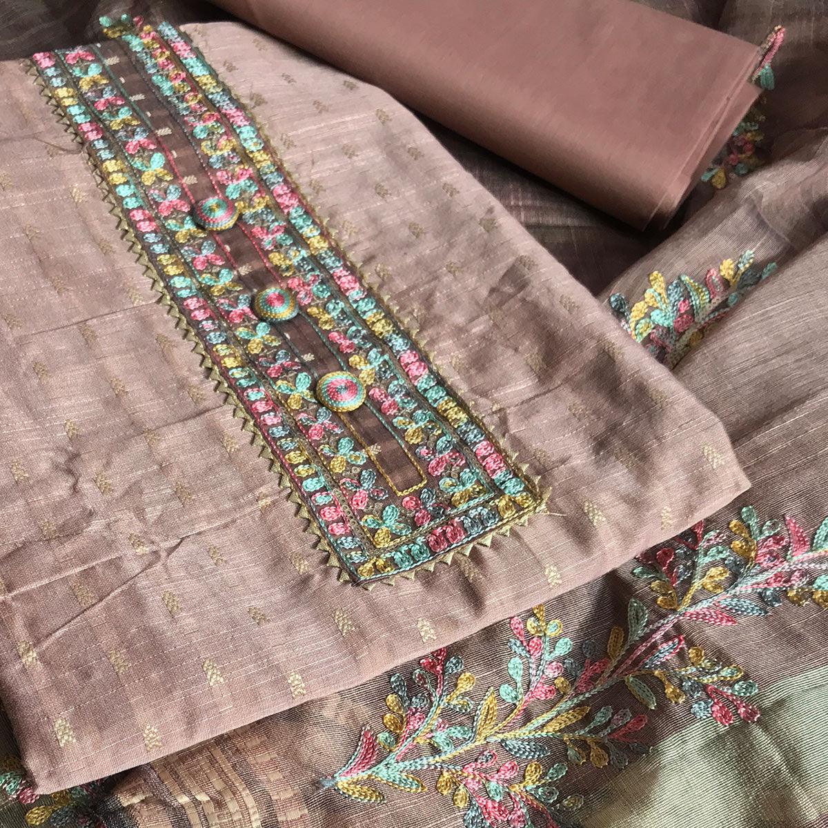 Mauve Festive Wear Embroidered Silk Cotton Dress Material - Peachmode
