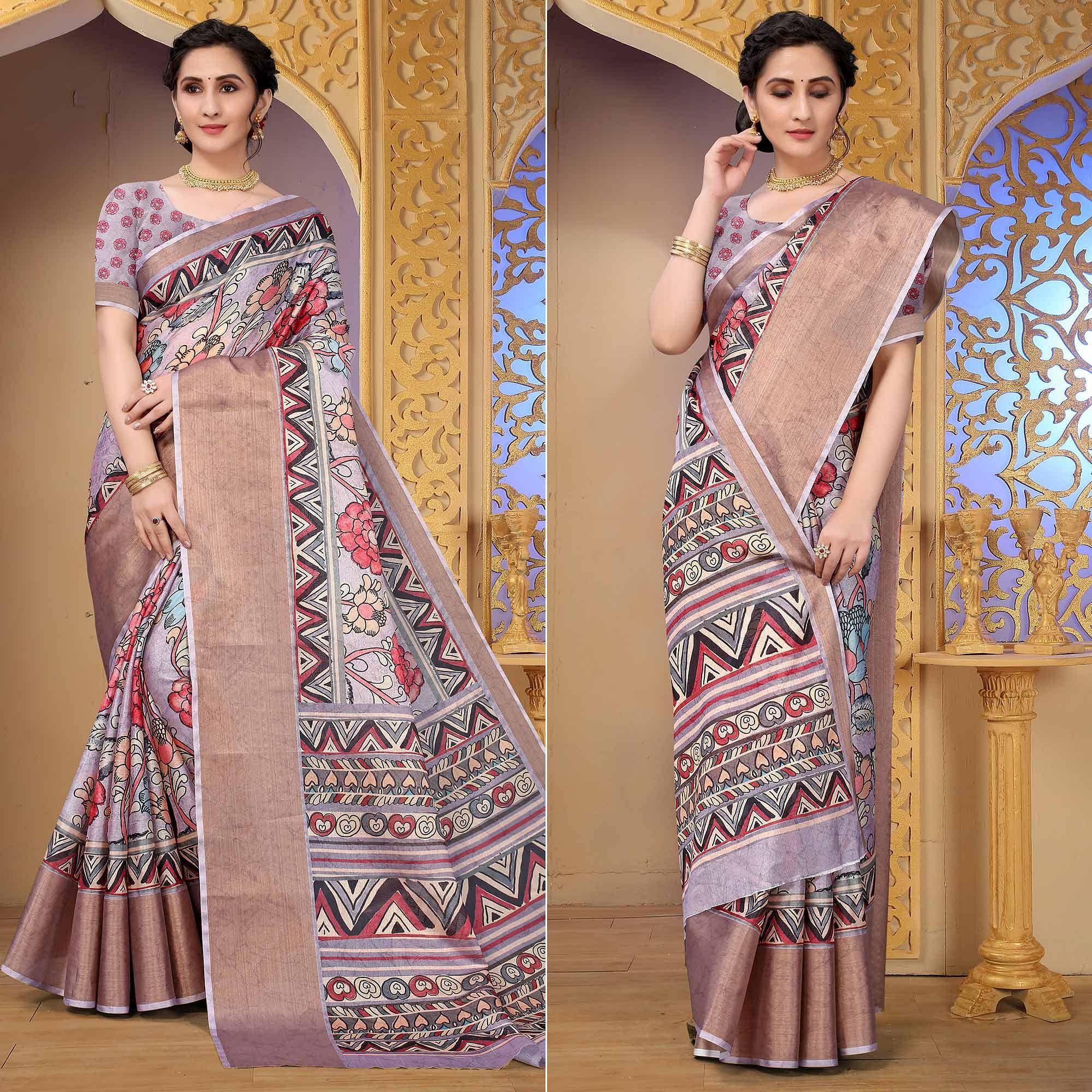 Mauve Festive Wear Floral Printed Art Silk Saree - Peachmode