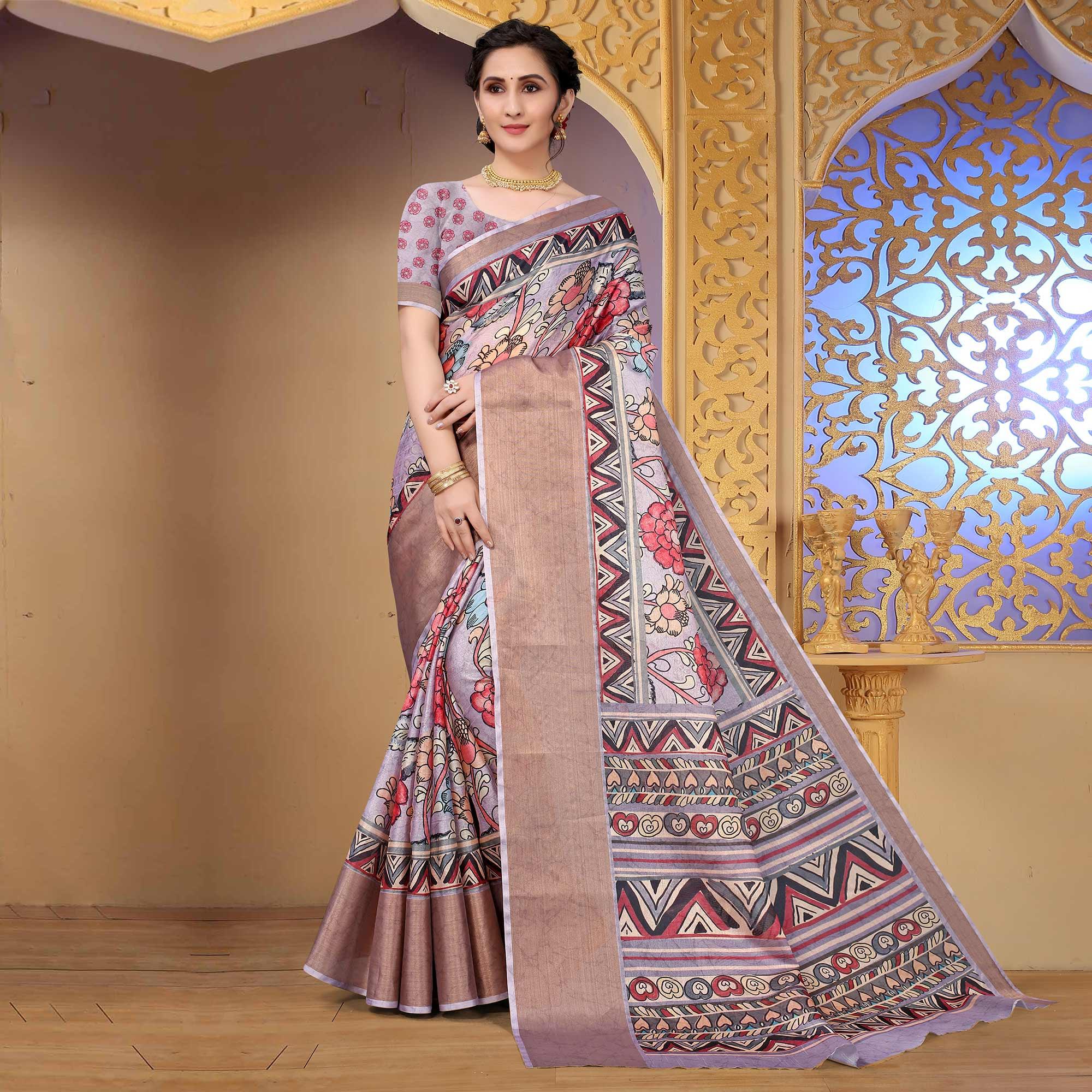 Mauve Festive Wear Floral Printed Art Silk Saree - Peachmode