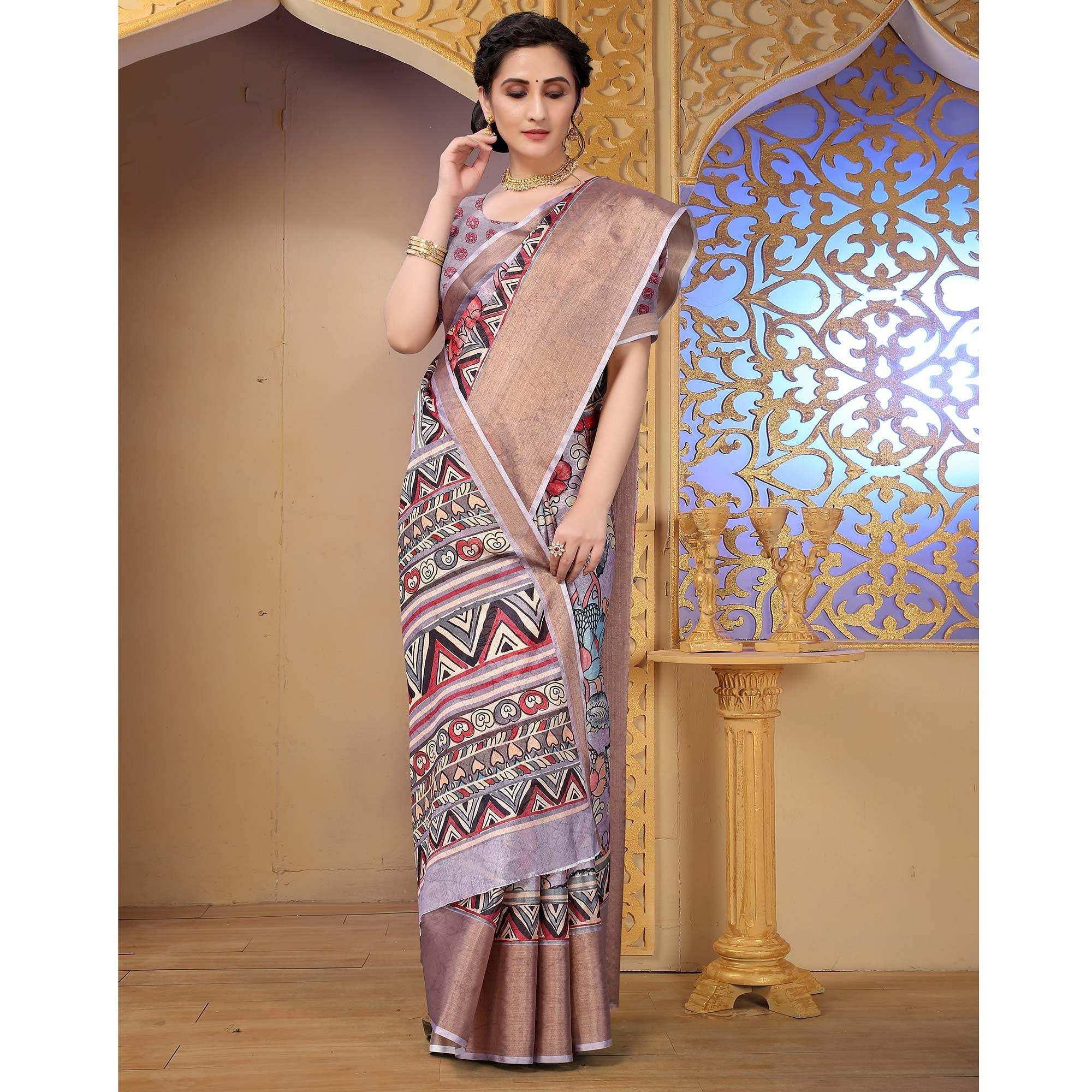 Mauve Festive Wear Floral Printed Art Silk Saree - Peachmode