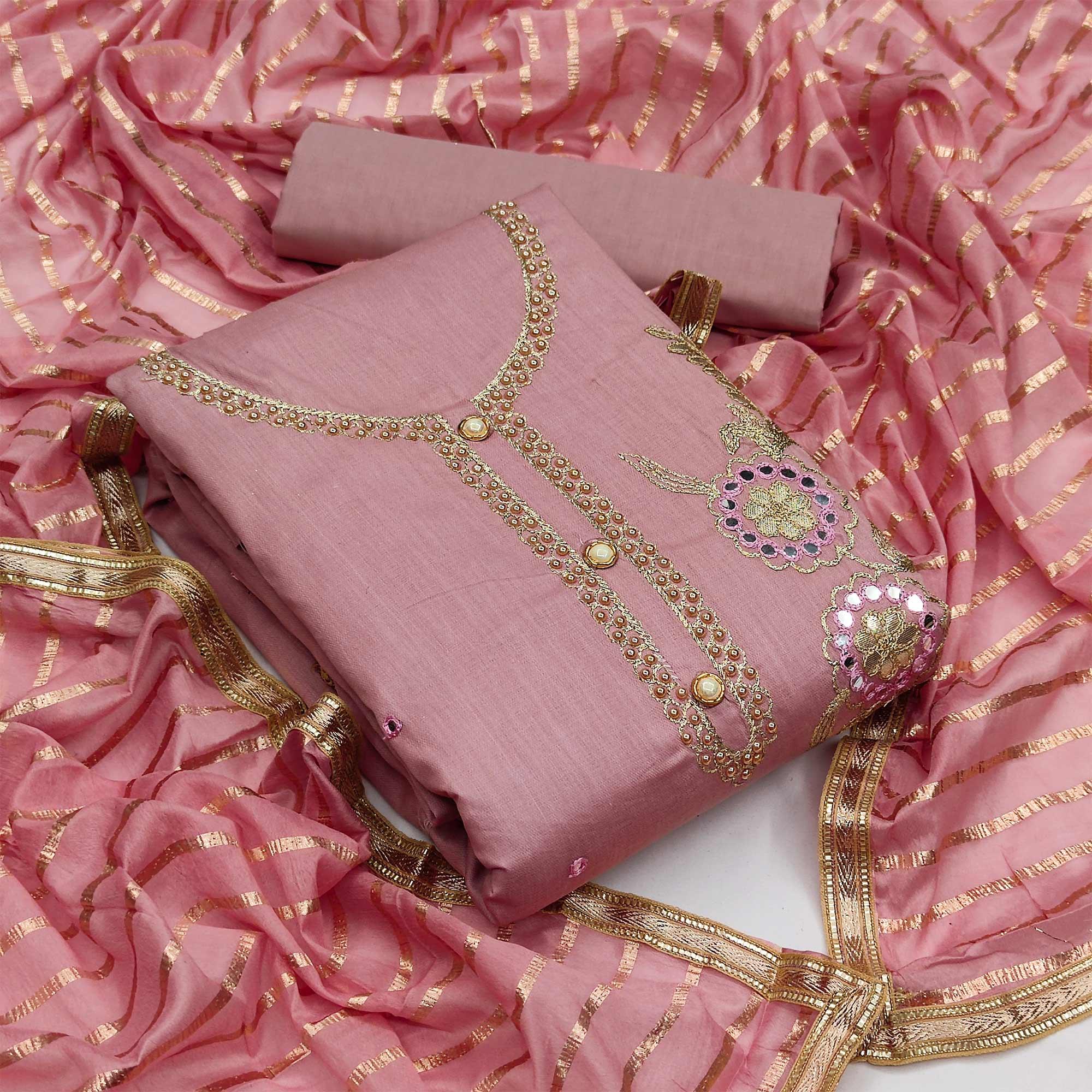 Mauve Festive Wear Gotta Plus Handwork Cotton Dress Material - Peachmode