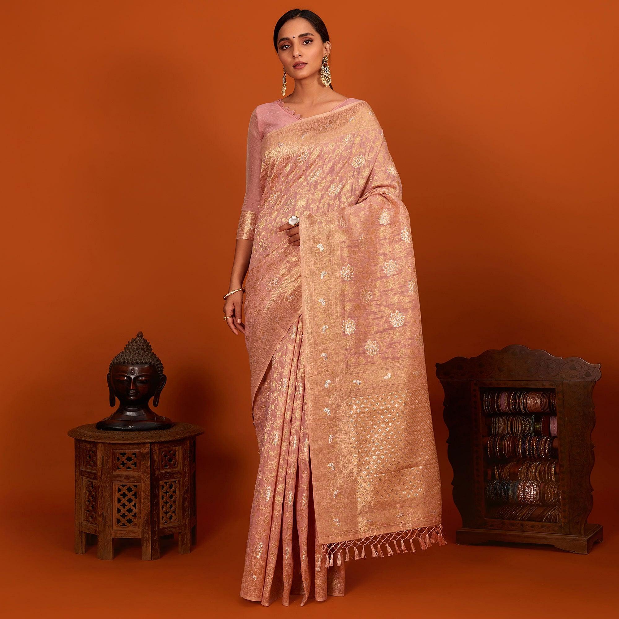 Mauve Festive Wear Woven Cotton Saree With Tassels - Peachmode