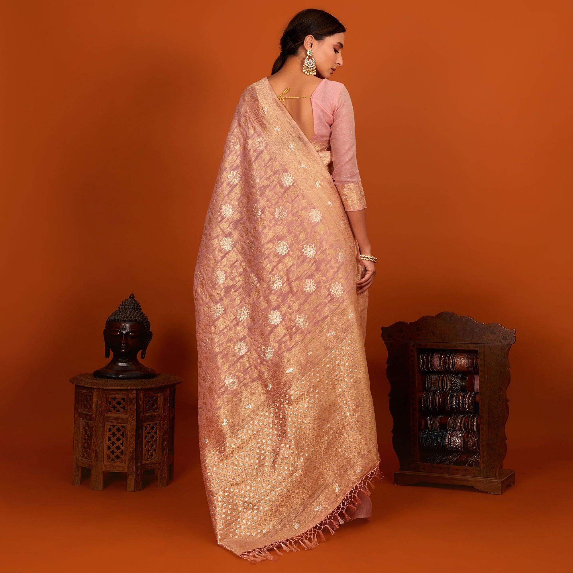 Mauve Festive Wear Woven Cotton Saree With Tassels - Peachmode