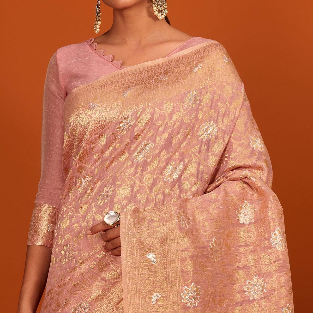 Mauve Festive Wear Woven Cotton Saree With Tassels - Peachmode