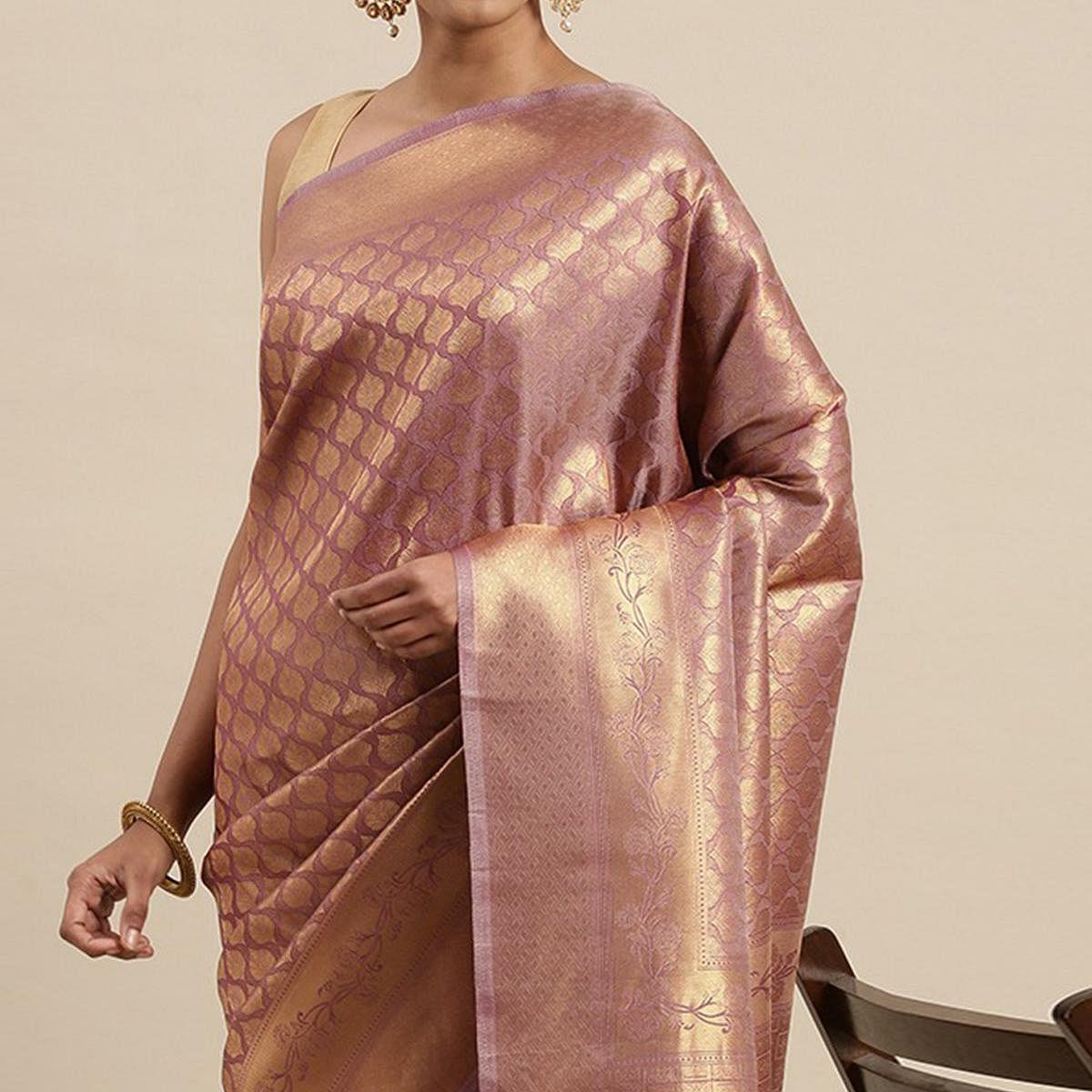 Mauve Festive Wear Woven Kanjivaram Silk Saree - Peachmode