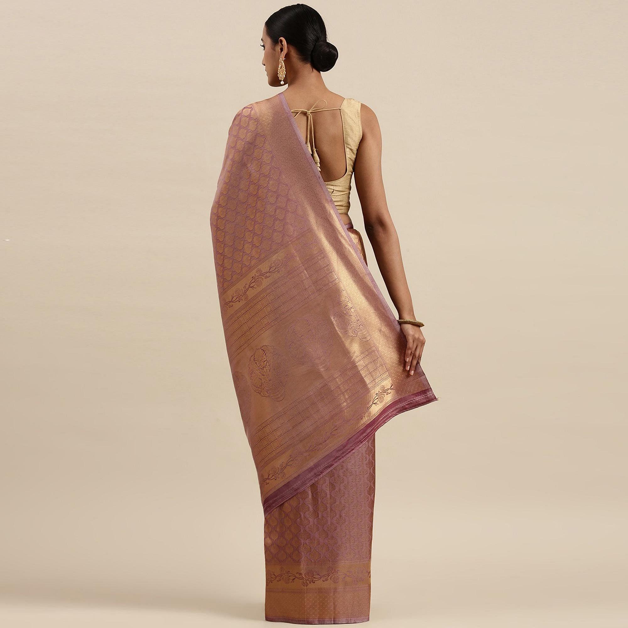 Mauve Festive Wear Woven Kanjivaram Silk Saree - Peachmode