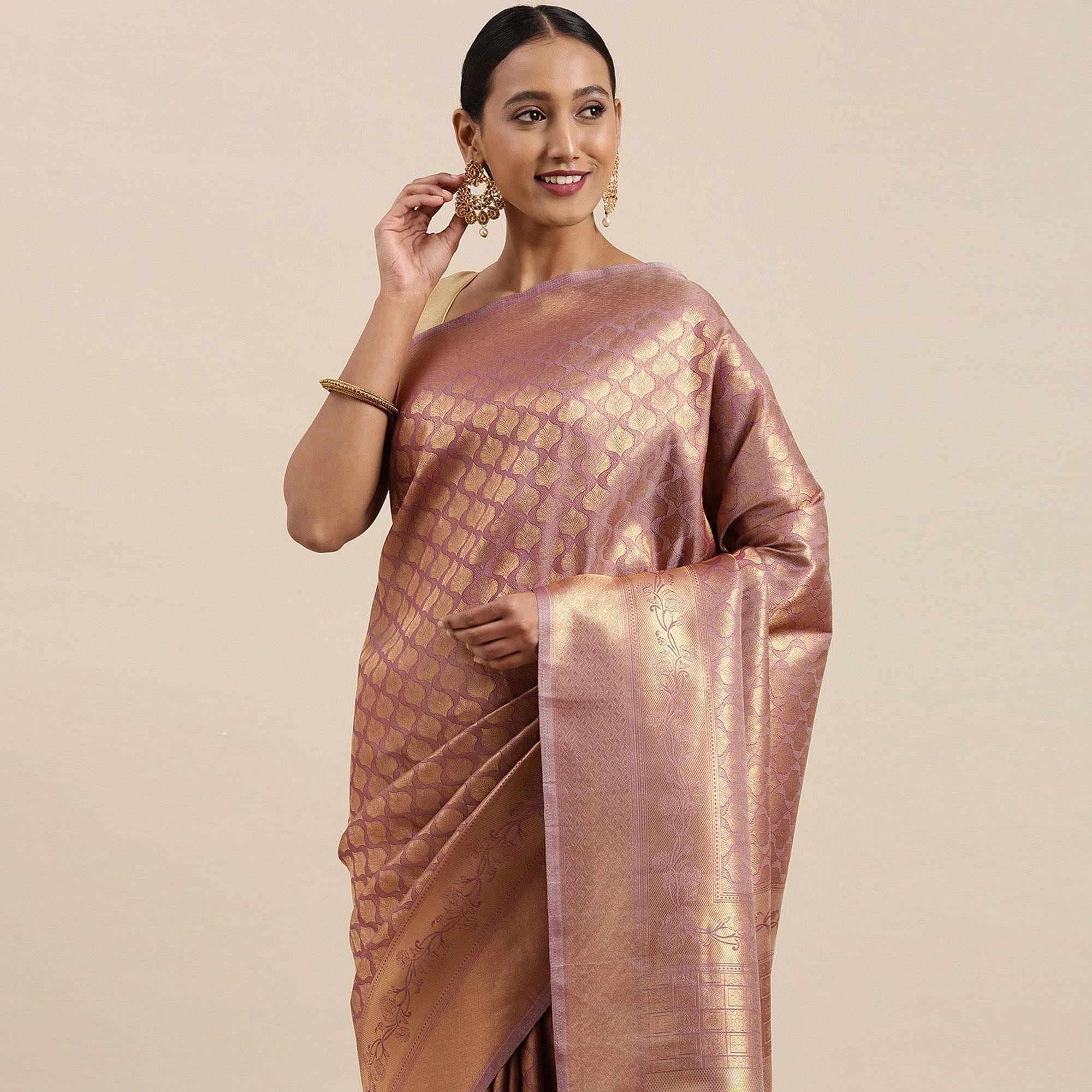 Mauve Festive Wear Woven Kanjivaram Silk Saree - Peachmode