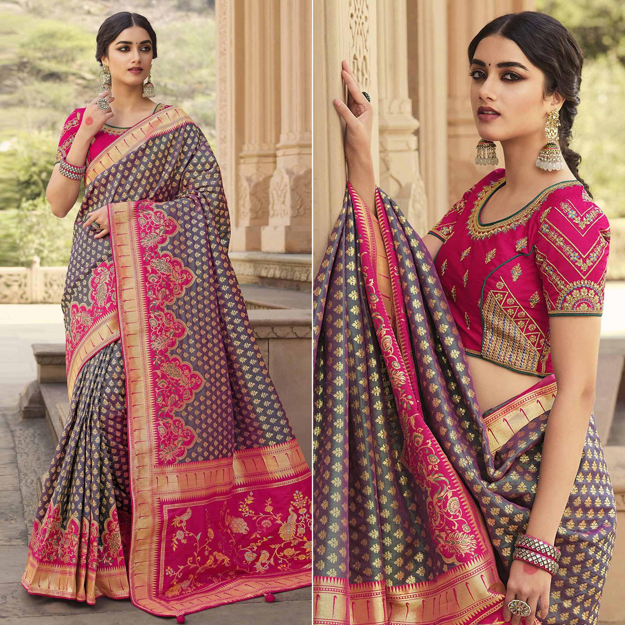 Mauve Festive Wear Woven Silk Saree - Peachmode
