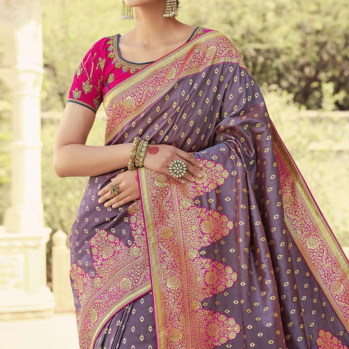Mauve Festive Wear Woven Silk Saree - Peachmode