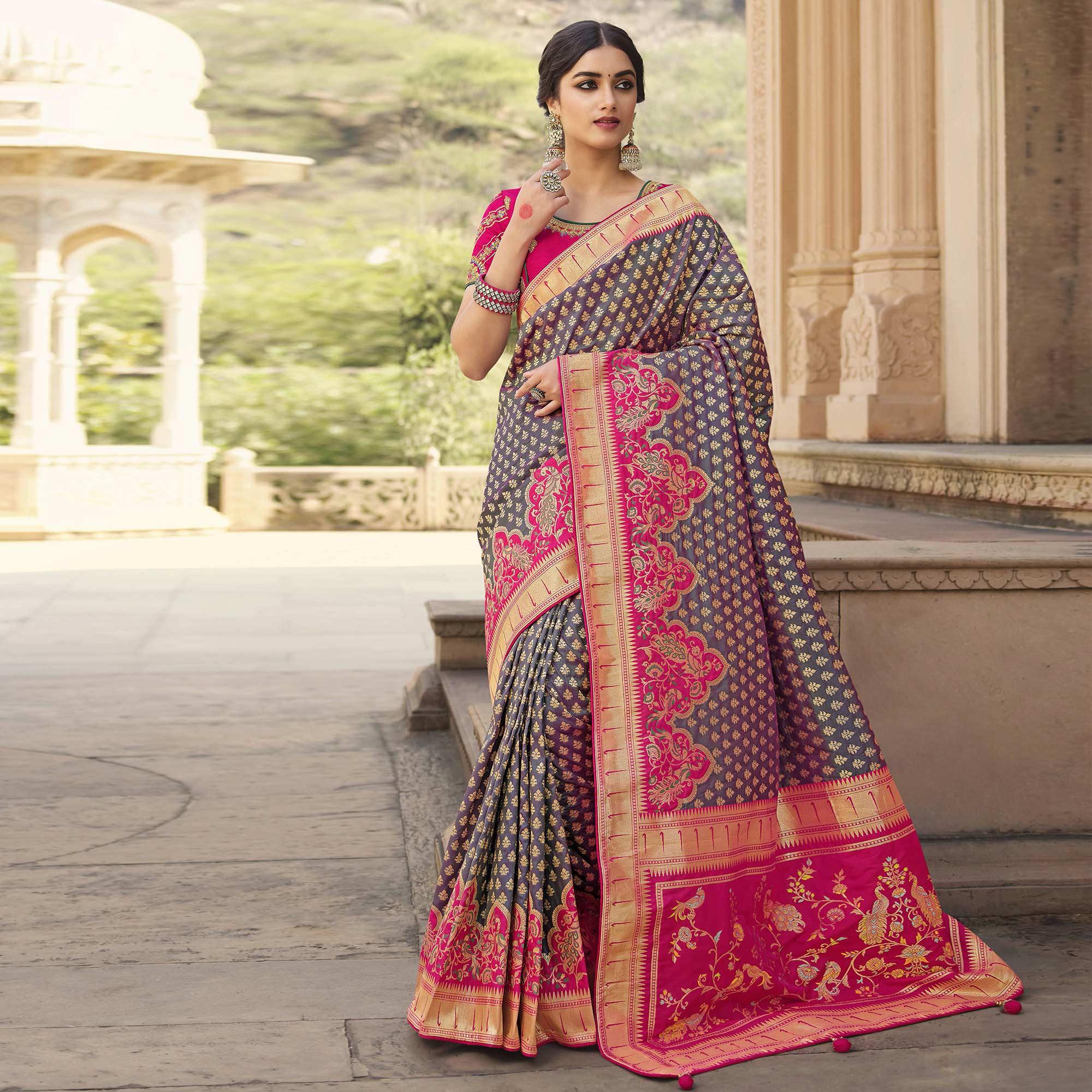 Mauve Festive Wear Woven Silk Saree - Peachmode