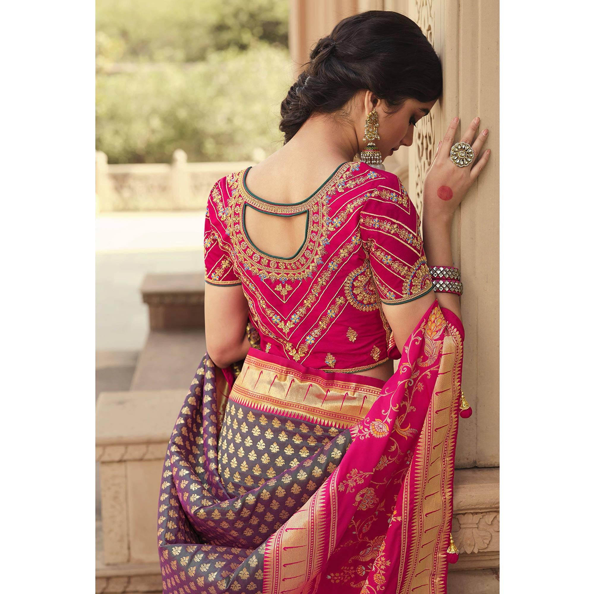 Mauve Festive Wear Woven Silk Saree - Peachmode